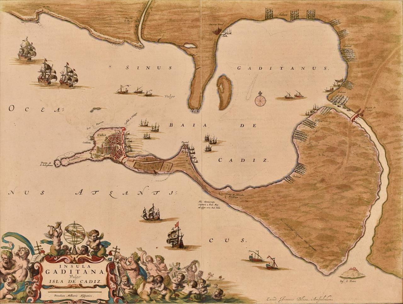 L'île de Cadiz : une carte du 17e siècle encadrée et colorée à la main de Blaeu's Atlas Major - Print de Joan (Johannes) Blaeu