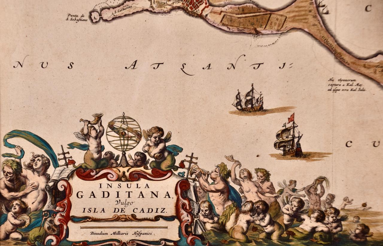 Cadiz-Insel: Eine gerahmte, handkolorierte Karte aus Blaeu's Atlas Major aus dem 17. Jahrhundert (Alte Meister), Print, von Joan (Johannes) Blaeu