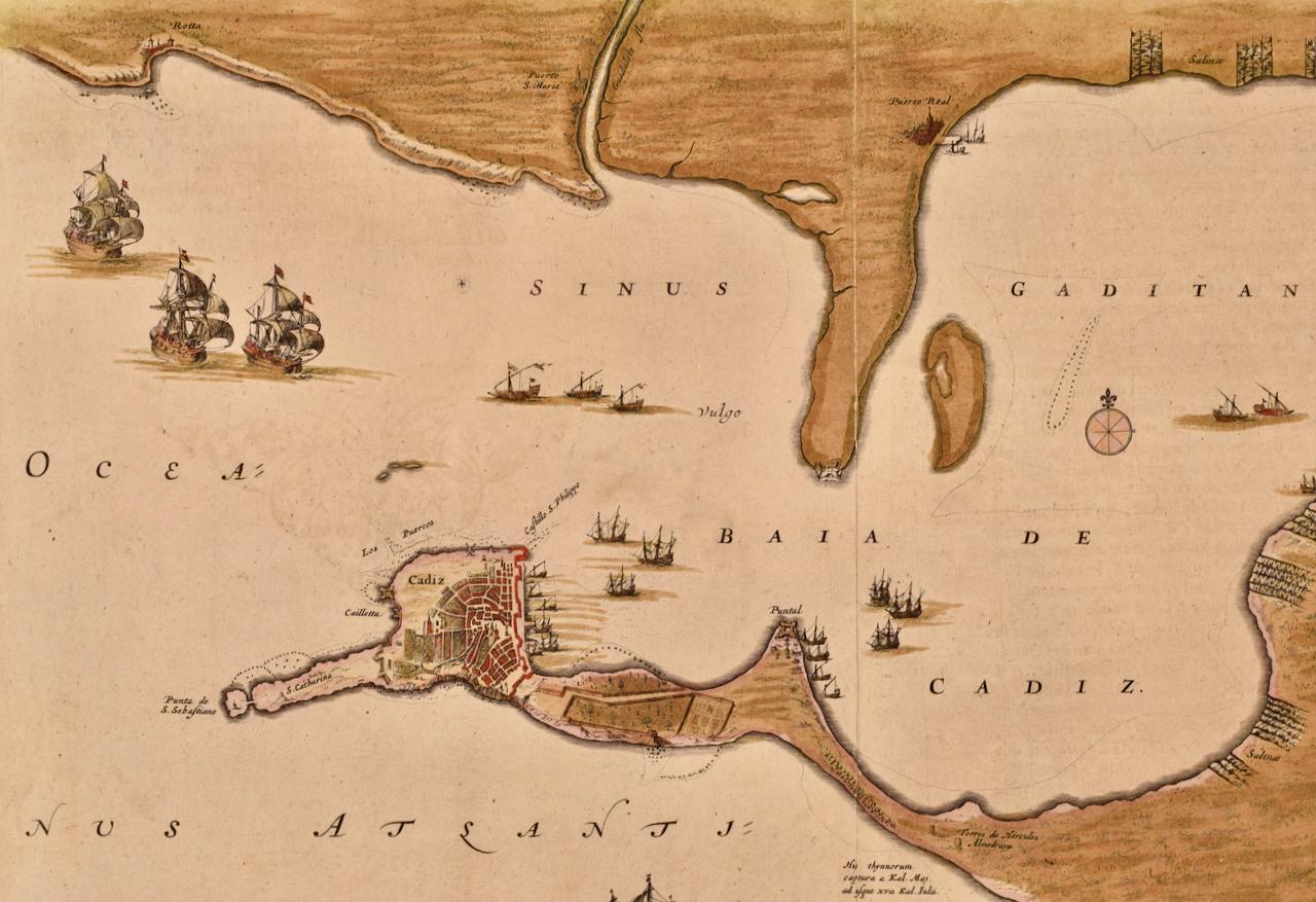 L'île de Cadiz : une carte du 17e siècle encadrée et colorée à la main de Blaeu's Atlas Major - Maîtres anciens Print par Joan (Johannes) Blaeu