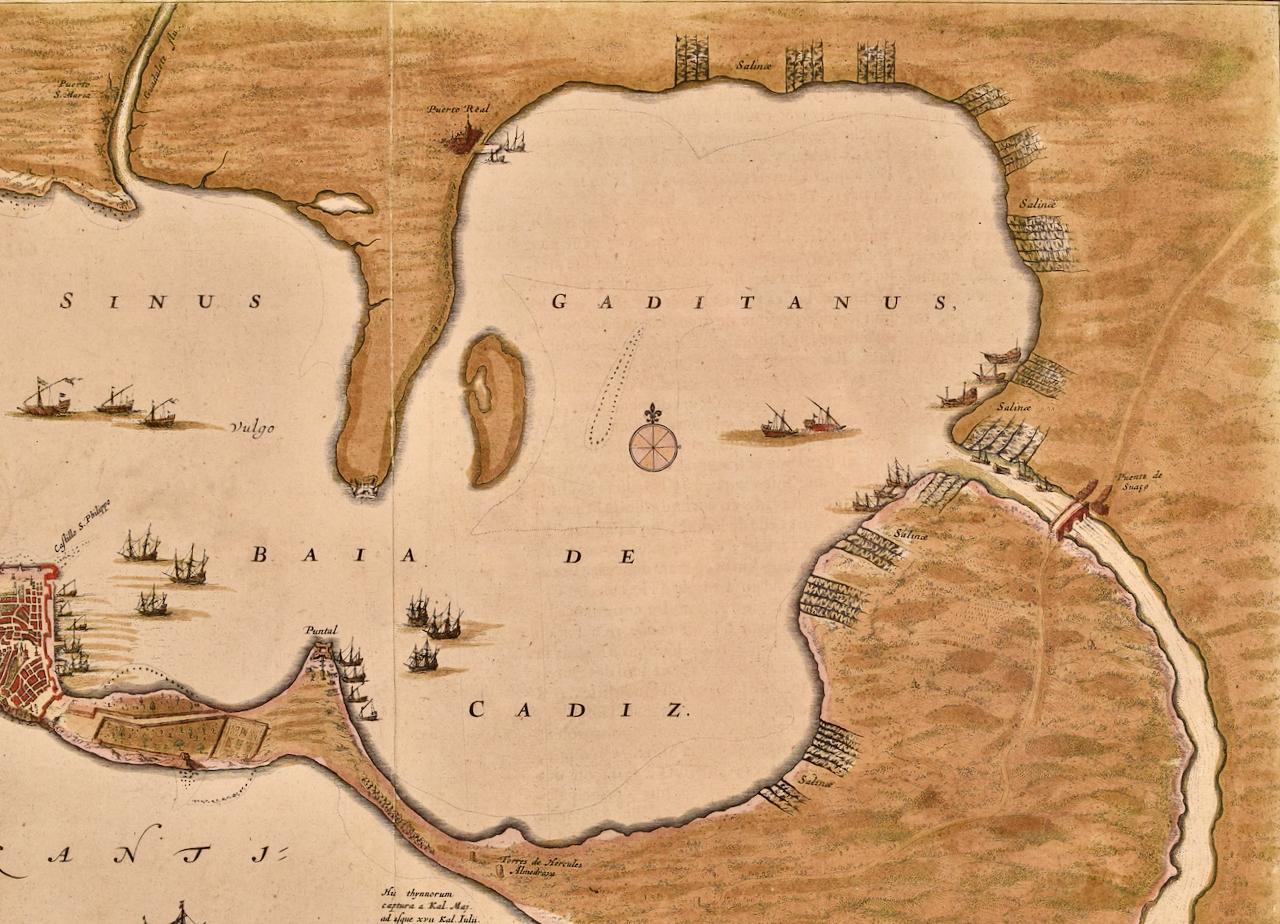 Cadiz Island: A Framed 17th Century Hand-colored Map from Blaeu's Atlas Major - Brown Print by Joan (Johannes) Blaeu