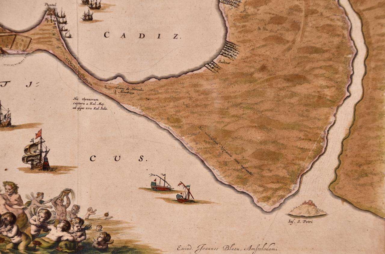 Cadiz-Insel: Eine gerahmte, handkolorierte Karte aus Blaeu's Atlas Major aus dem 17. Jahrhundert im Angebot 3