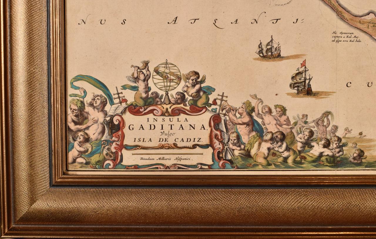 Cadiz Island: A Framed 17th Century Hand-colored Map from Blaeu's Atlas Major For Sale 1