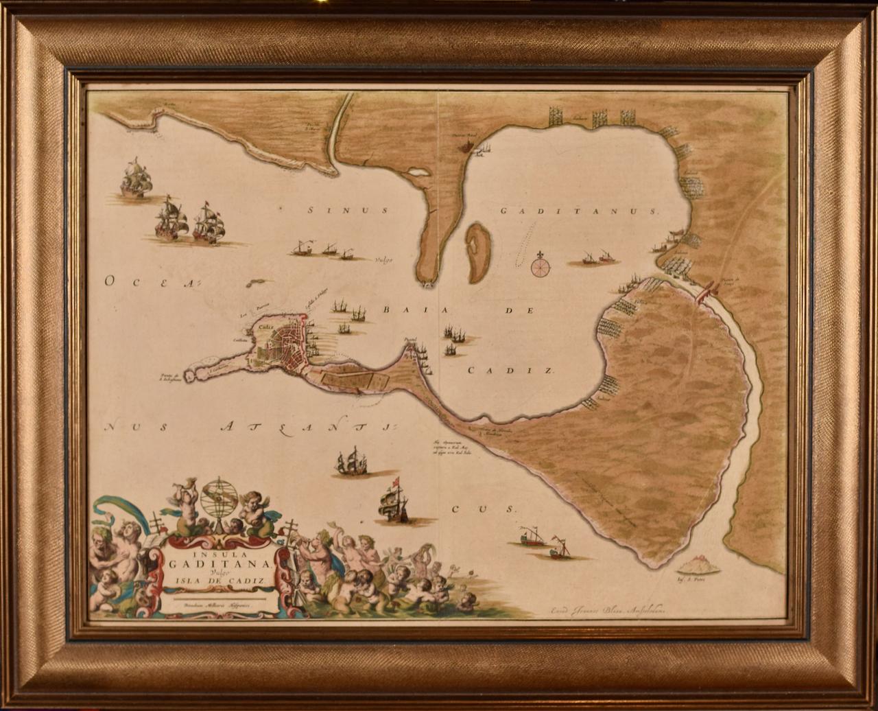 Print Joan (Johannes) Blaeu - L'île de Cadiz : une carte du 17e siècle encadrée et colorée à la main de Blaeu's Atlas Major