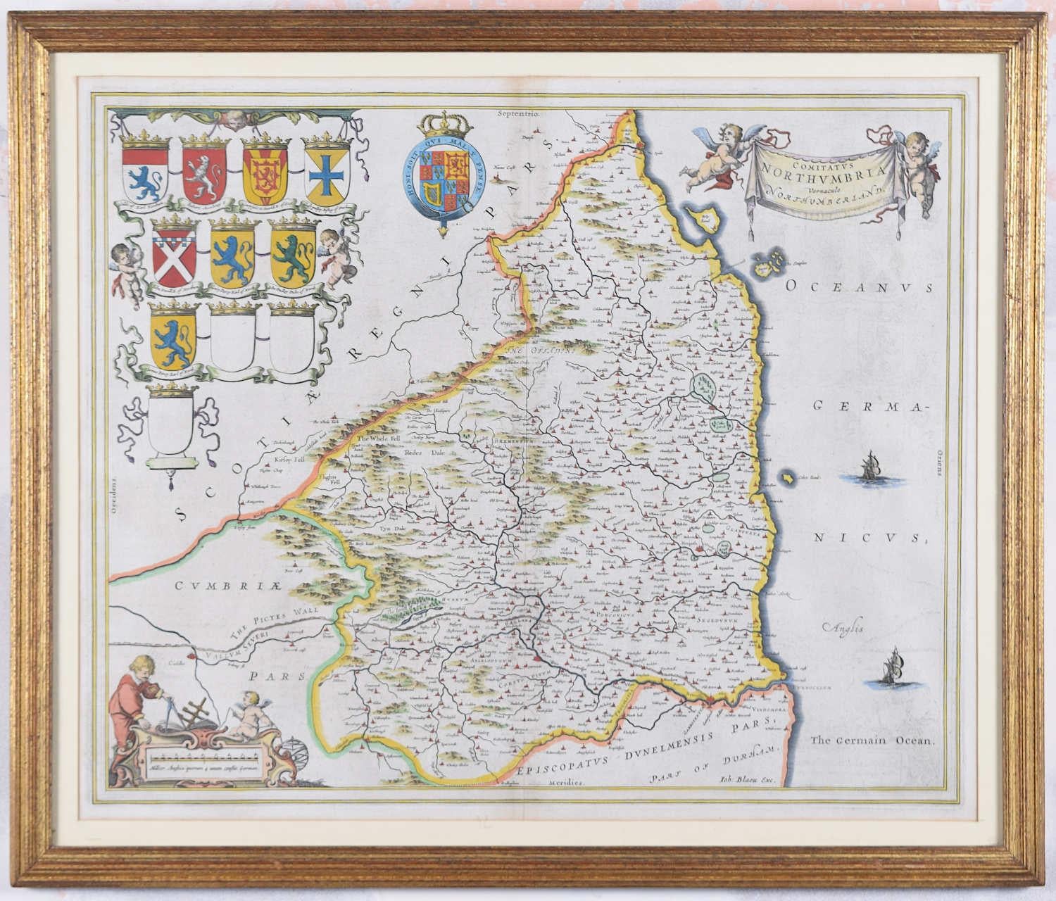 Joan (Johannes) Blaeu Landscape Print - Map of Northumberland by Joan Blaeu