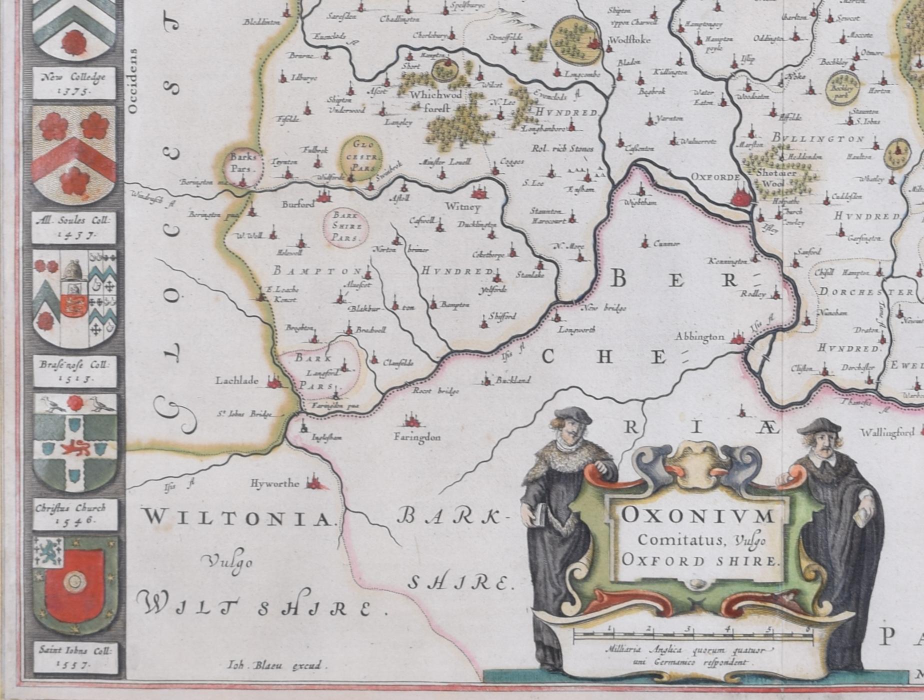 Carte de l'Oxfordshire par Joan Blaeu avec des écussons d'université en vente 2