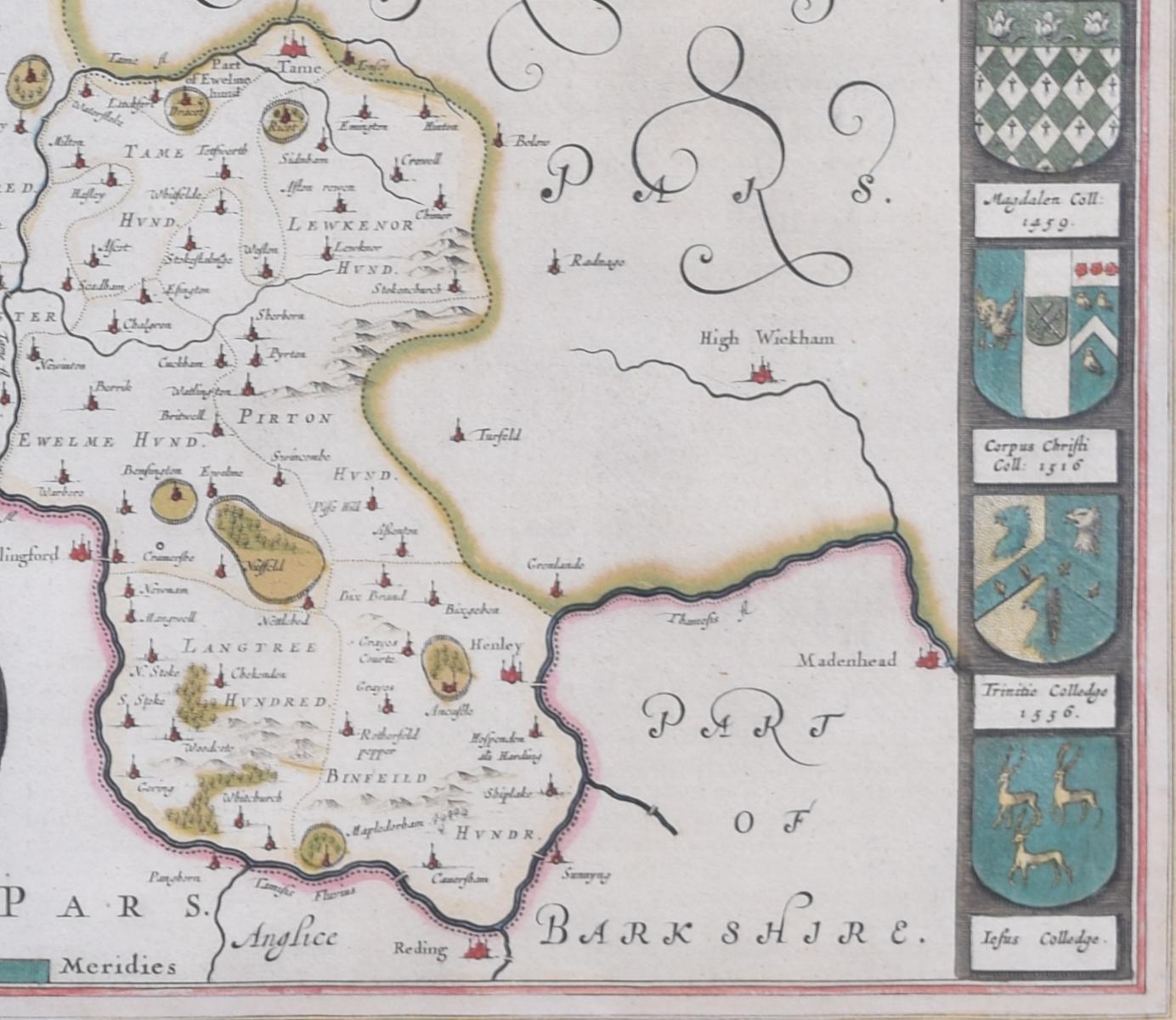 Carte de l'Oxfordshire par Joan Blaeu avec des écussons d'université en vente 2