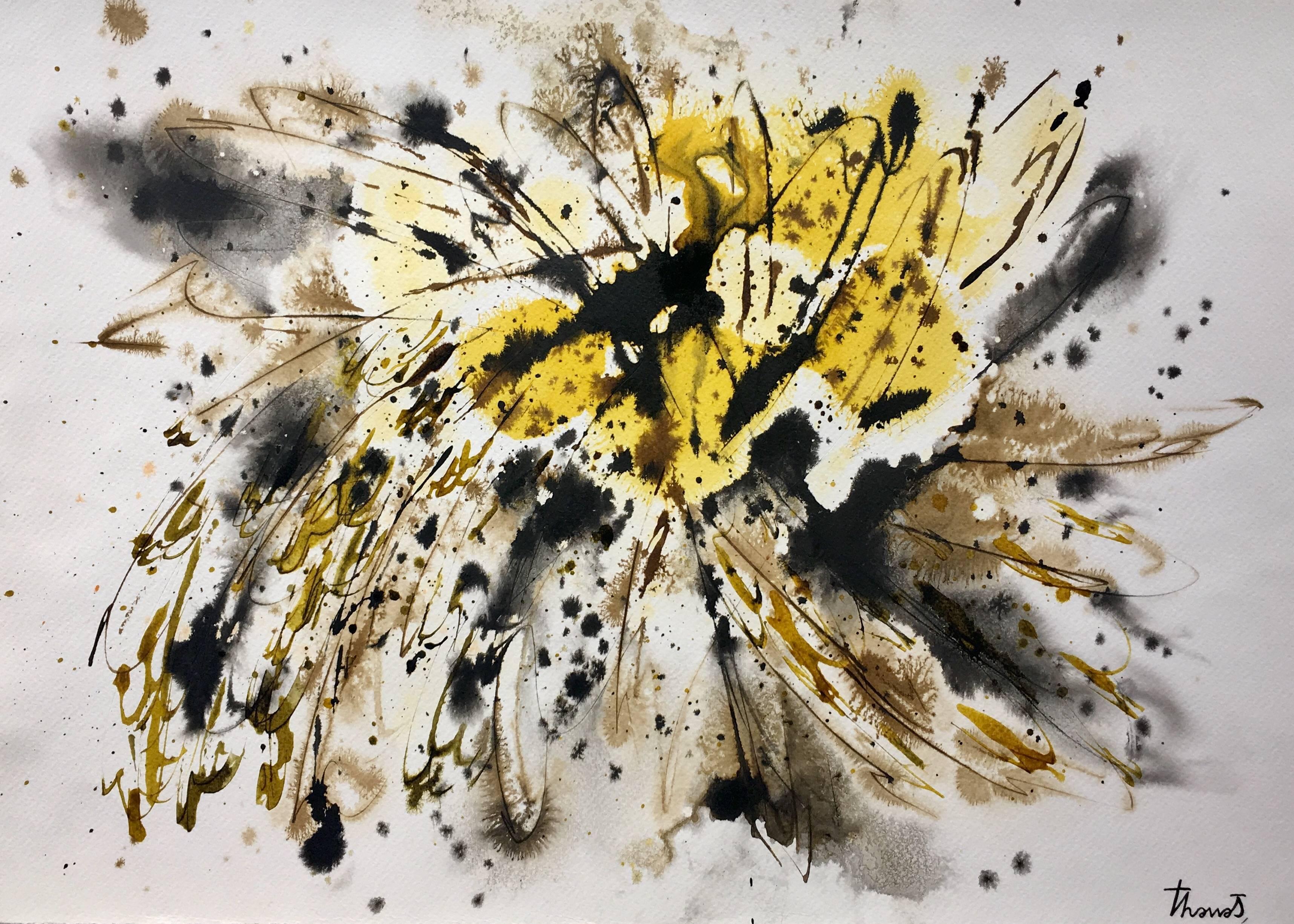 Tharrats  Black  Yellow  Golden  Original abstract acrylic on paper  - Painting by Josep THARRATS