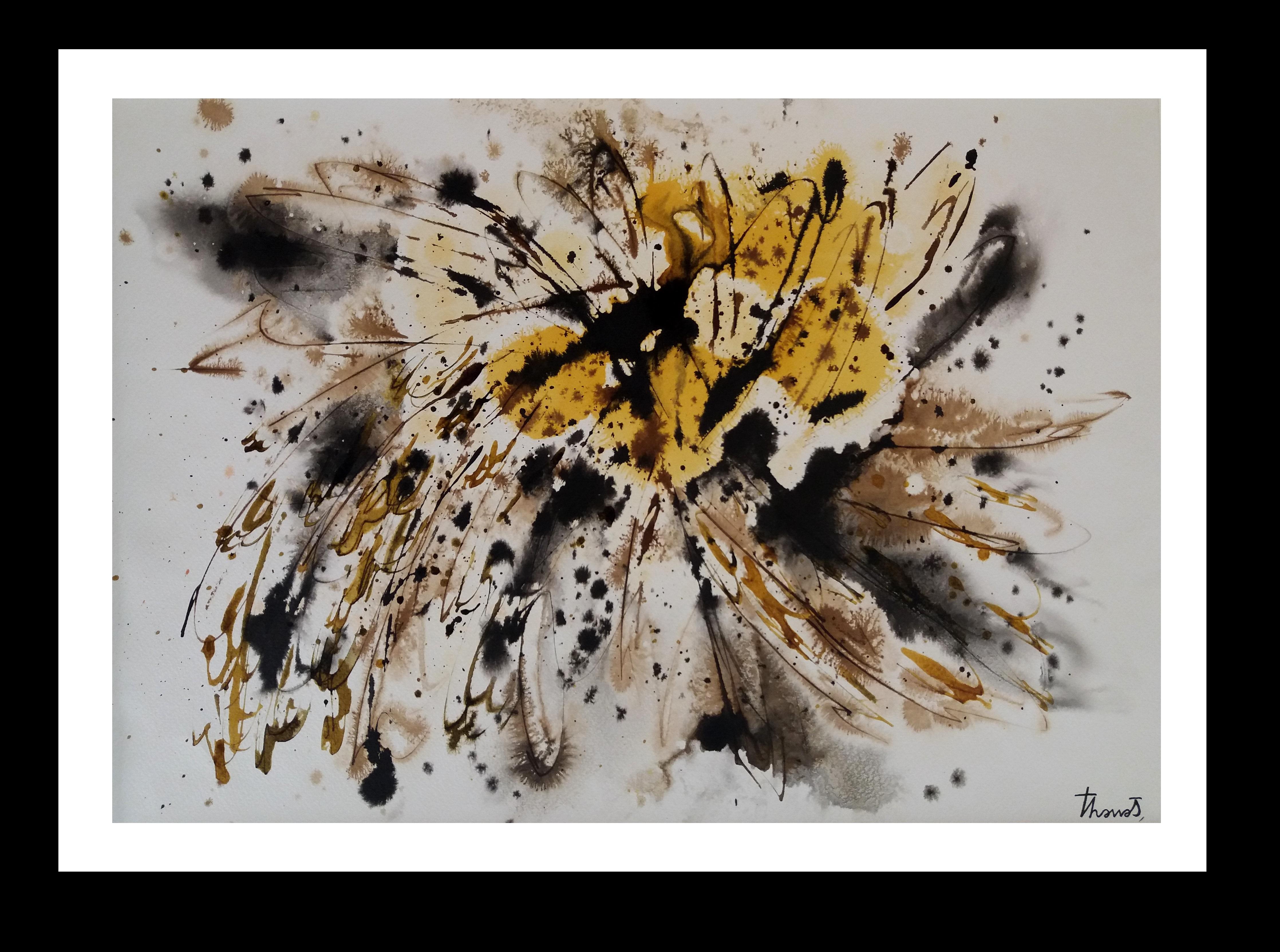 Josep THARRATS Abstract Painting - Tharrats  Black  Yellow  Golden  Original abstract acrylic on paper 