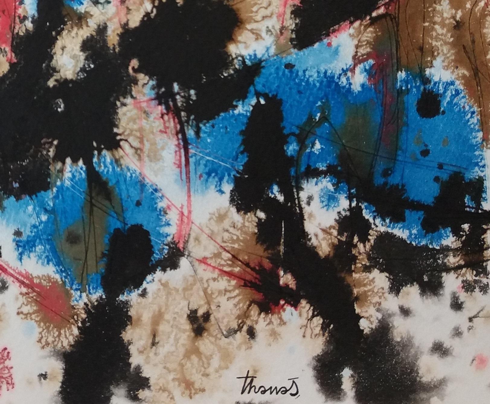 Tharrats  Bleu  Noir  Constellations 1  Papier acrylique abstrait d'origine  - Abstrait Painting par Josep THARRATS