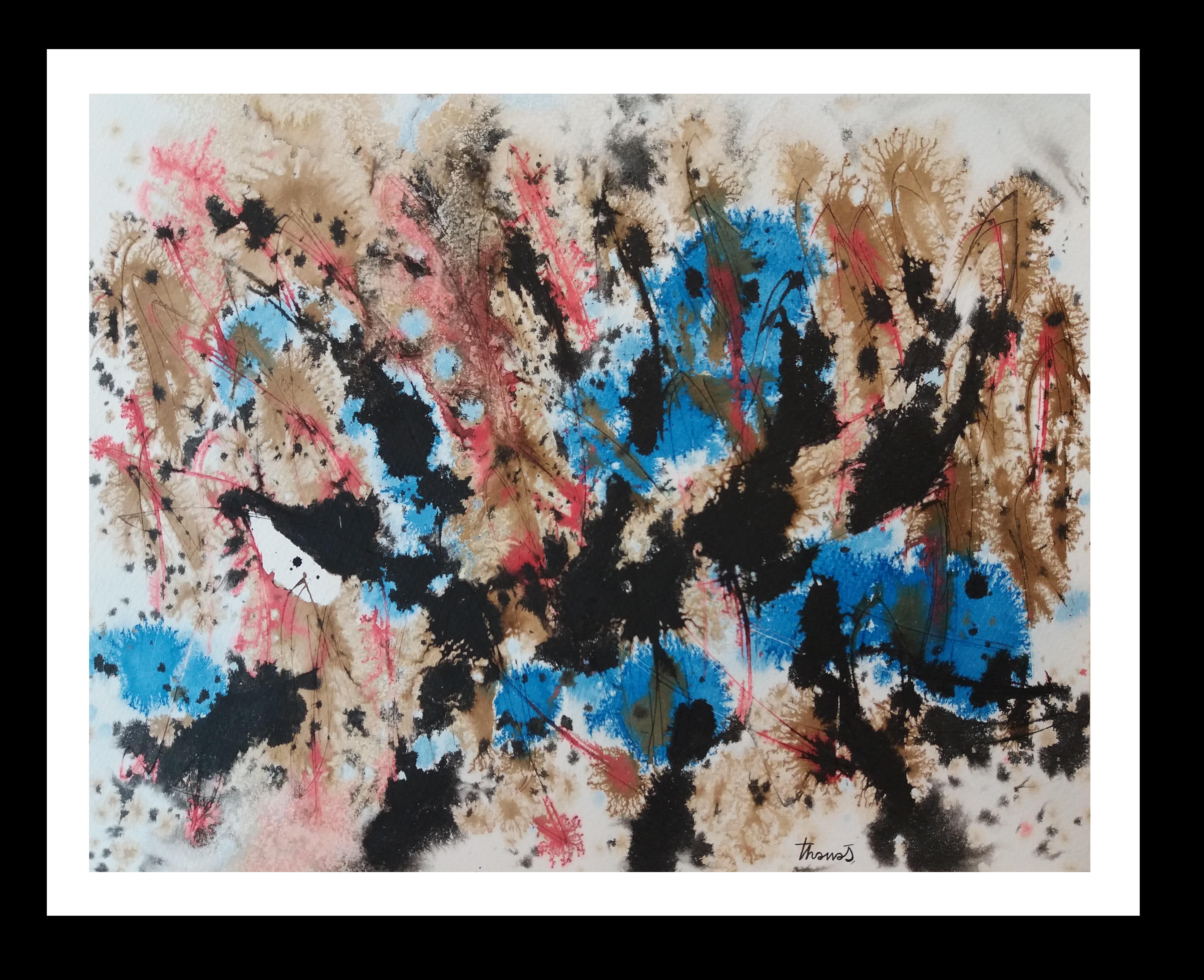 Josep THARRATS Abstract Painting – Tharrats  Blau  Schwarz  Konstellationen 1  Abstraktes Original-Acrylpapier 