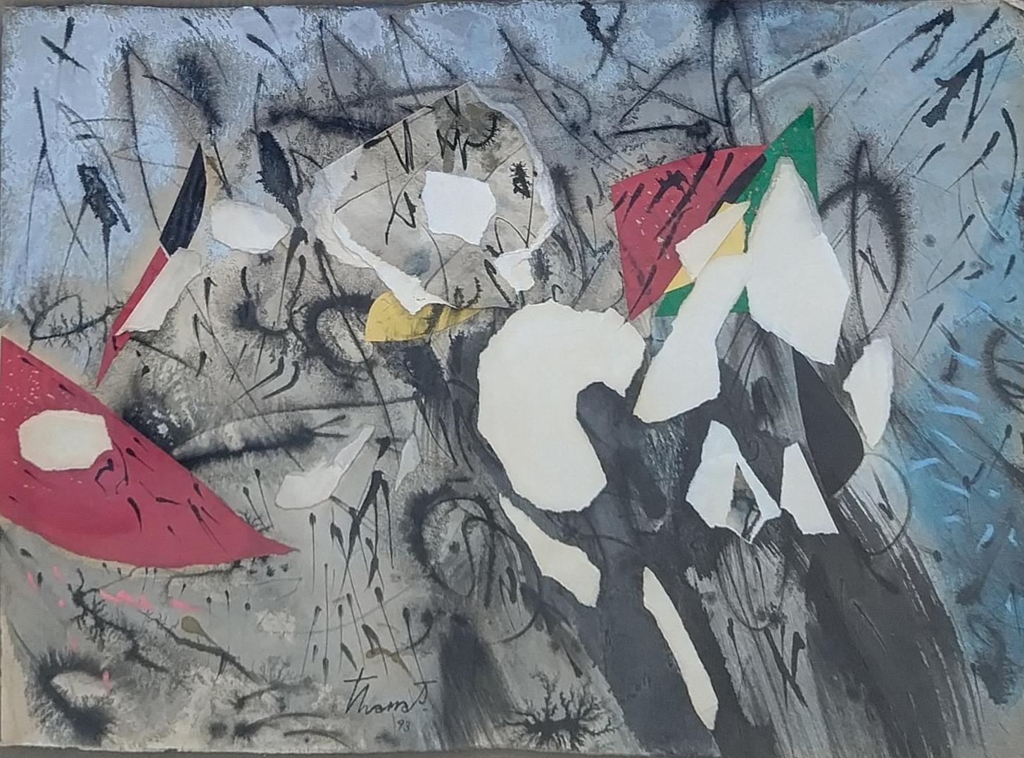 Tharrats  collage  pittura originale su carta acrilica - Abstract Painting Grigio di Josep THARRATS