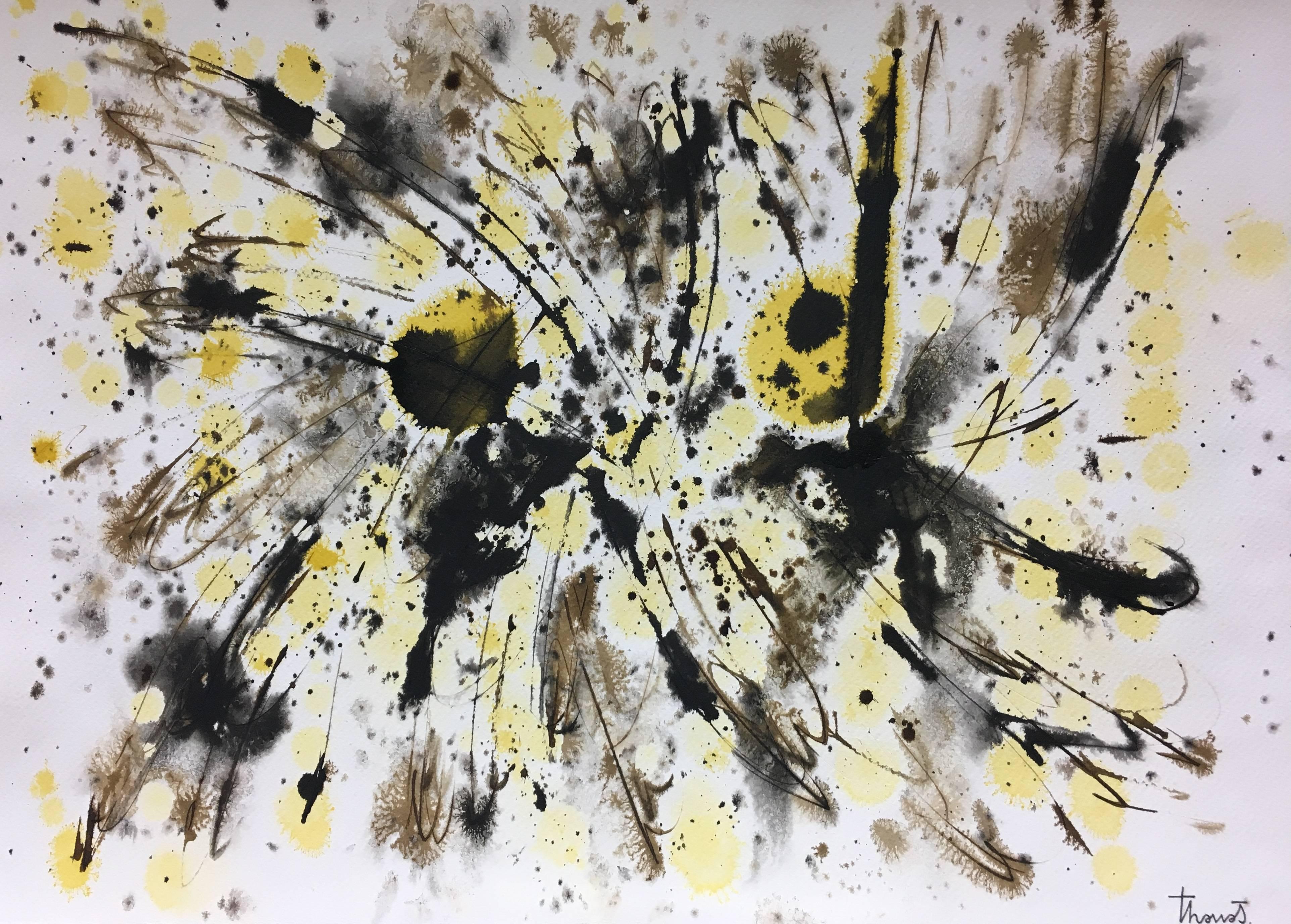 Tharrats.  Bianco astratto  Nero  Giallo   acrilico astratto originale - Painting di Josep THARRATS