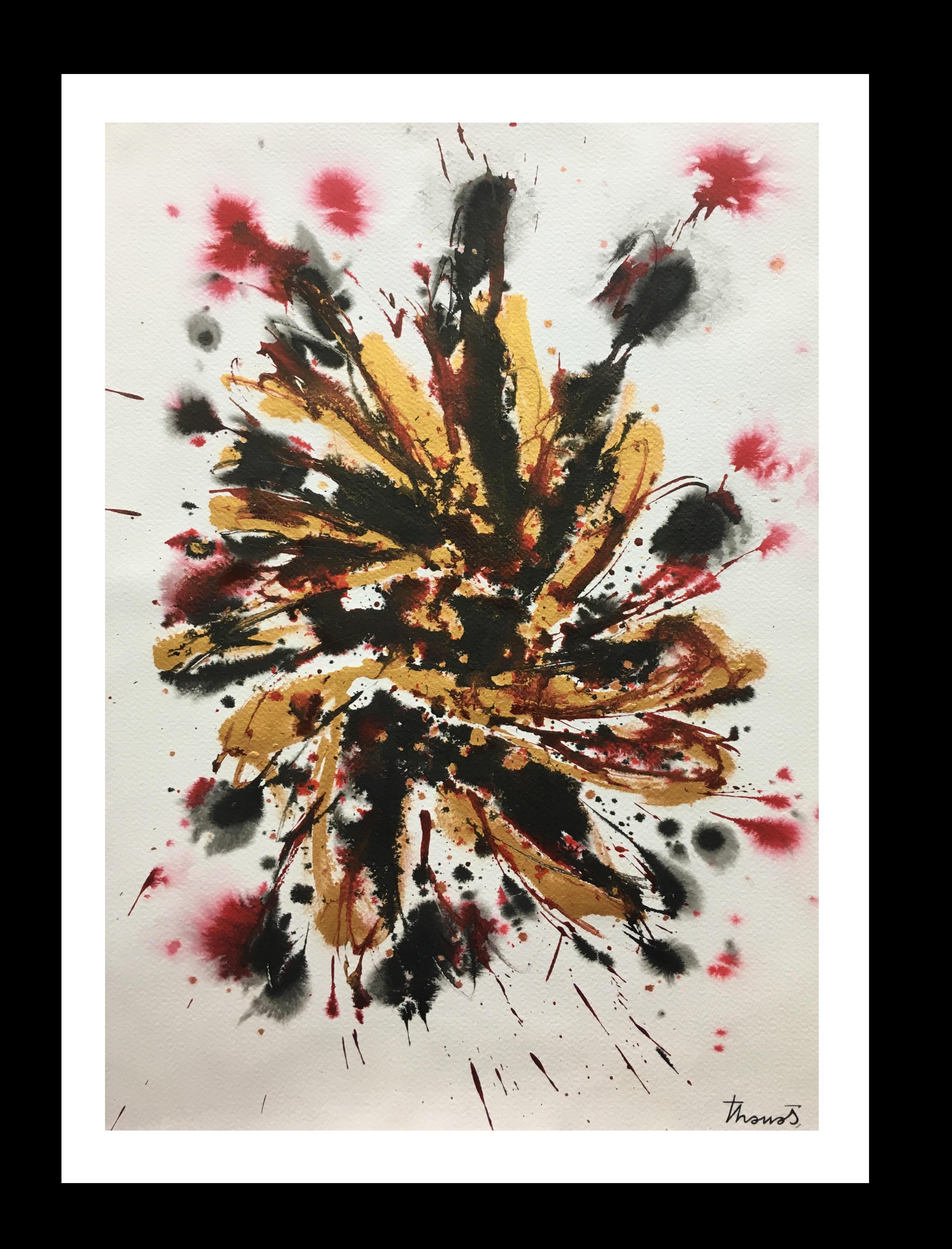 Abstract Painting de Josep THARRATS - Tharrats     negro  dorado  Constelaciones 14 papel acrílico abstracto original