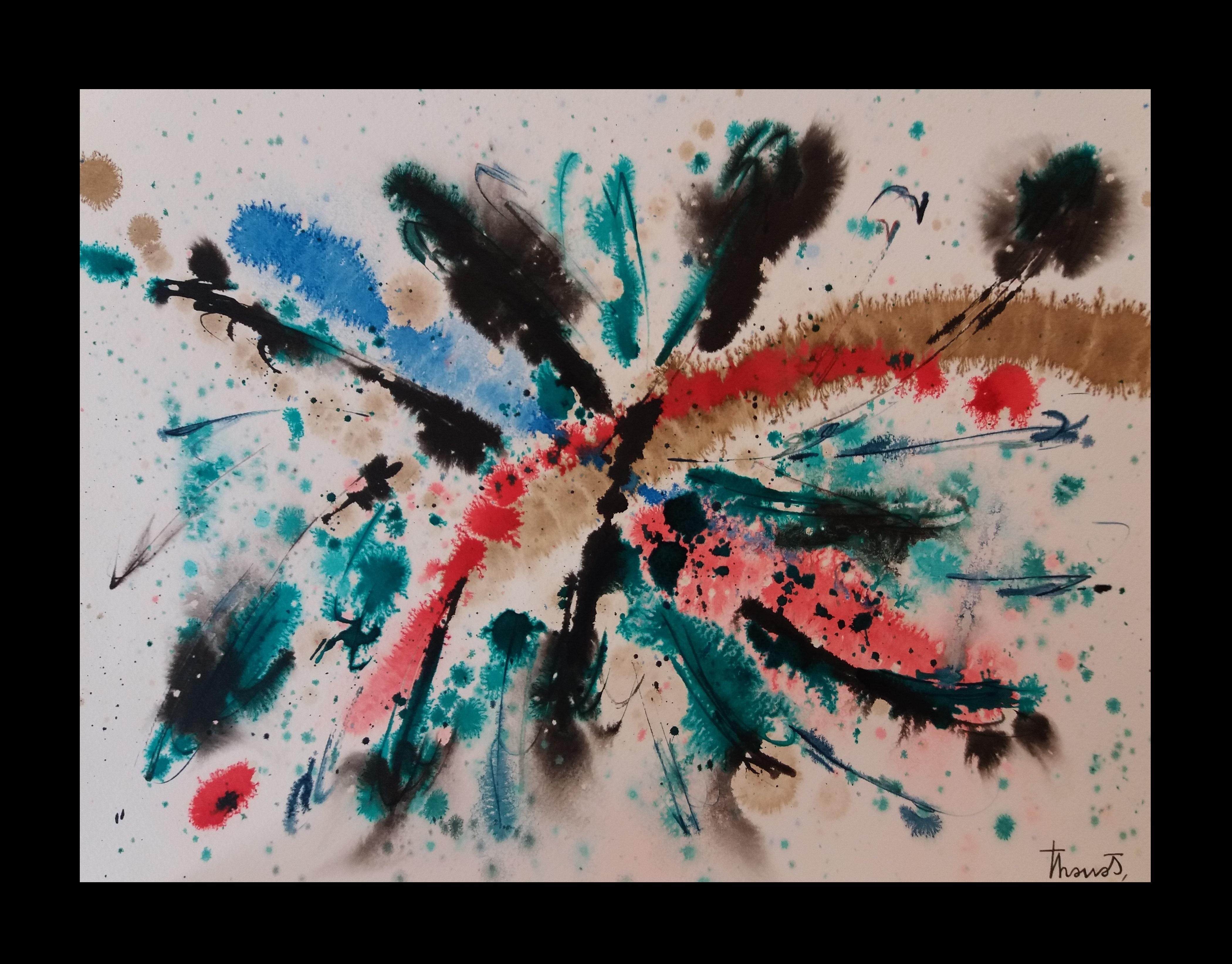 Tharrats   Black Red  Blue  Constellation 19  original abstract acrylic paper  - Painting by Josep THARRATS