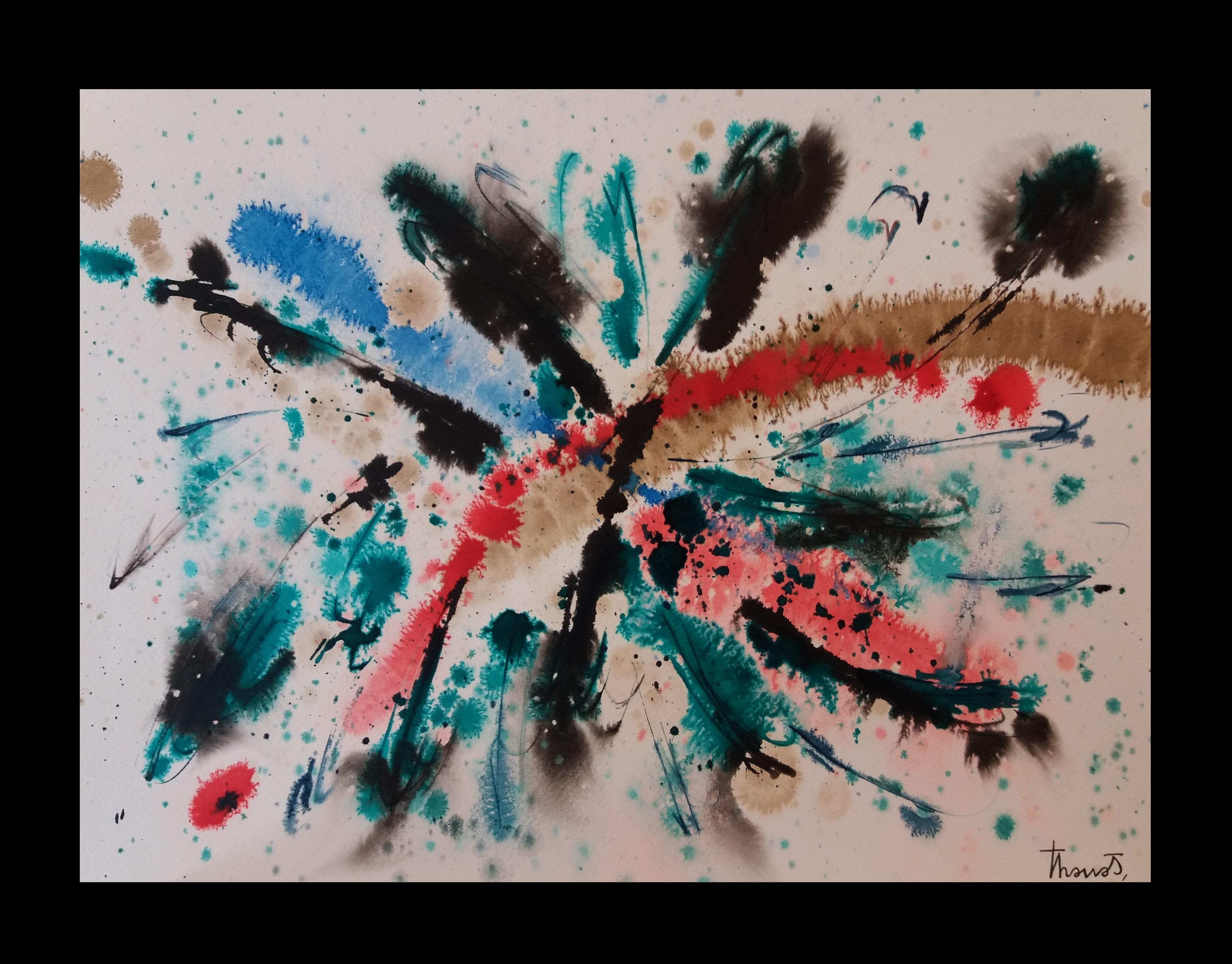 Tharrats   Nero Rosso  Blu  Costellazione 19  carta acrilica astratta originale - Painting di Josep THARRATS