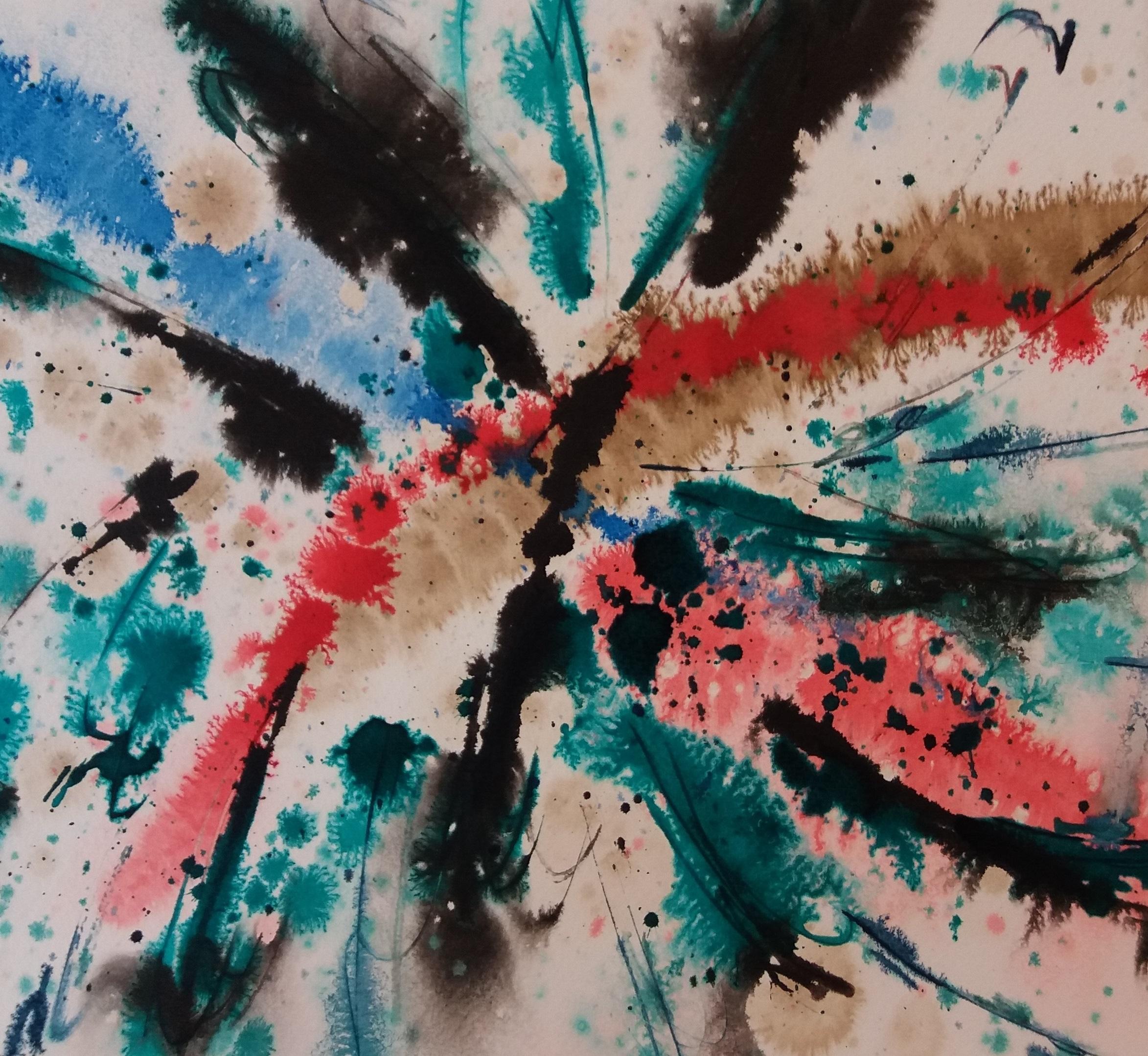 Tharrats   Nero Rosso  Blu  Costellazione 19  carta acrilica astratta originale - Painting Astratto di Josep THARRATS