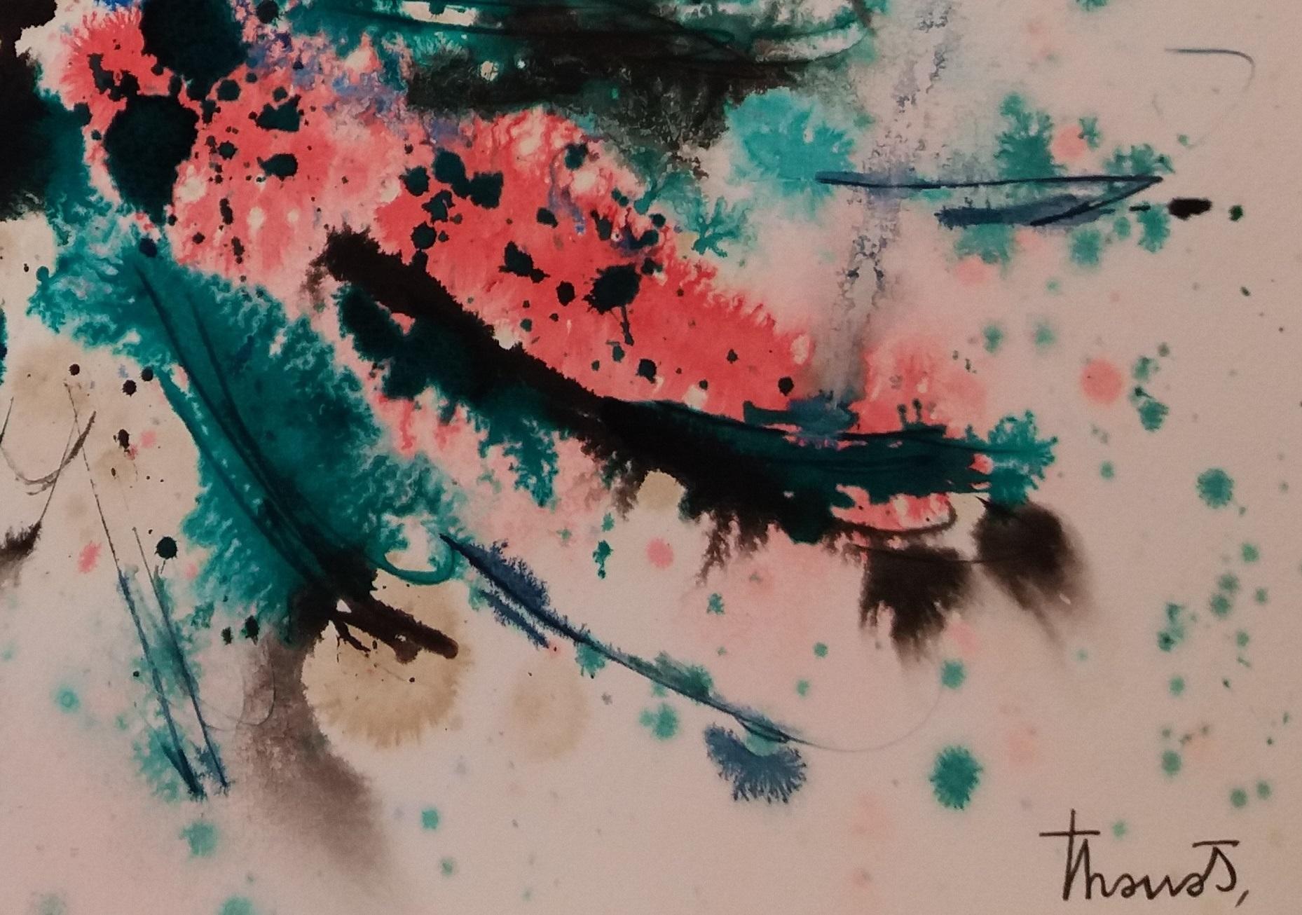 Tharrats   Nero Rosso  Blu  Costellazione 19  carta acrilica astratta originale - Abstract Painting Marrone di Josep THARRATS