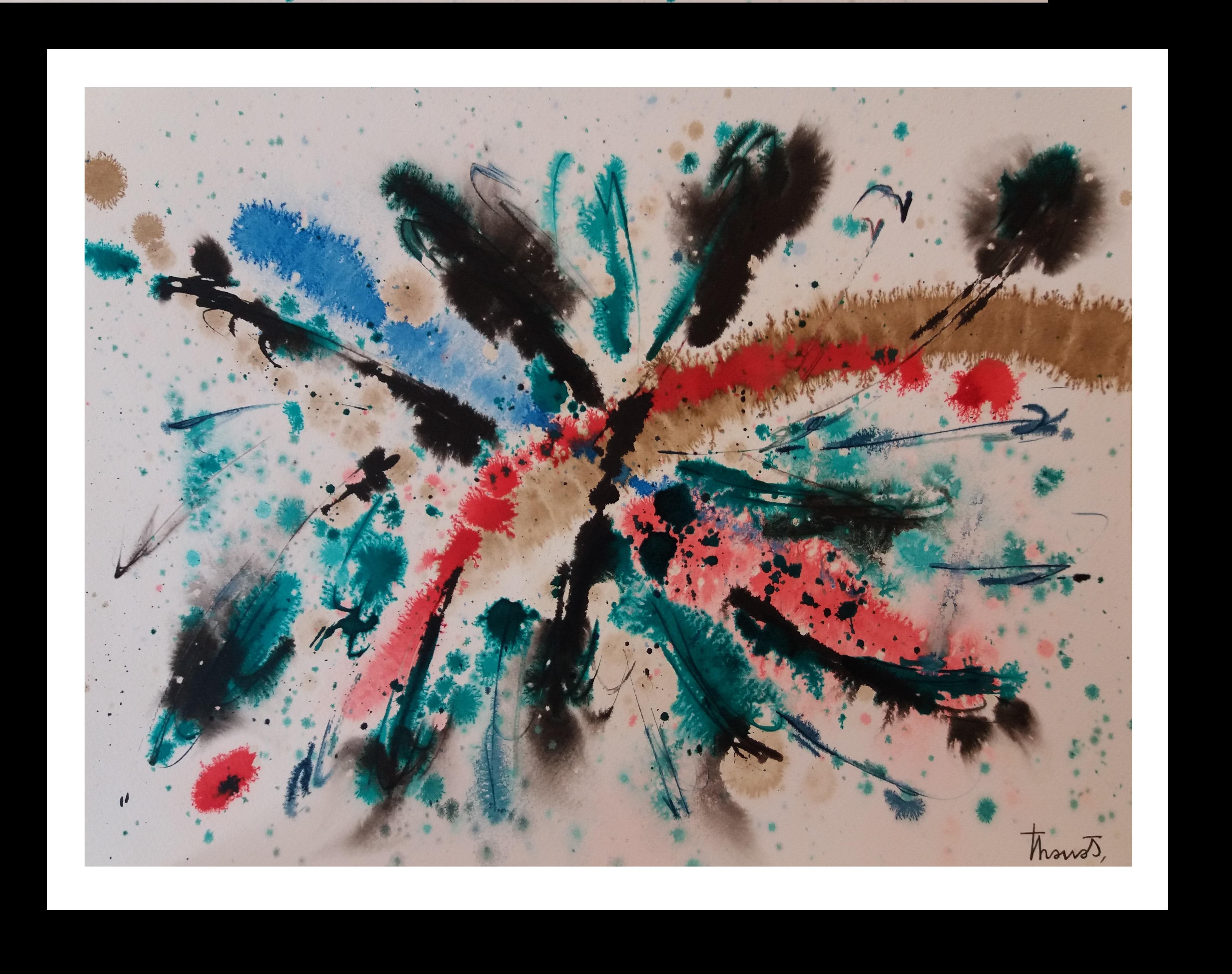 Abstract Painting Josep THARRATS - Tharrats   Noir Rouge  Bleu  Constellation 19  Papier acrylique abstrait d'origine 