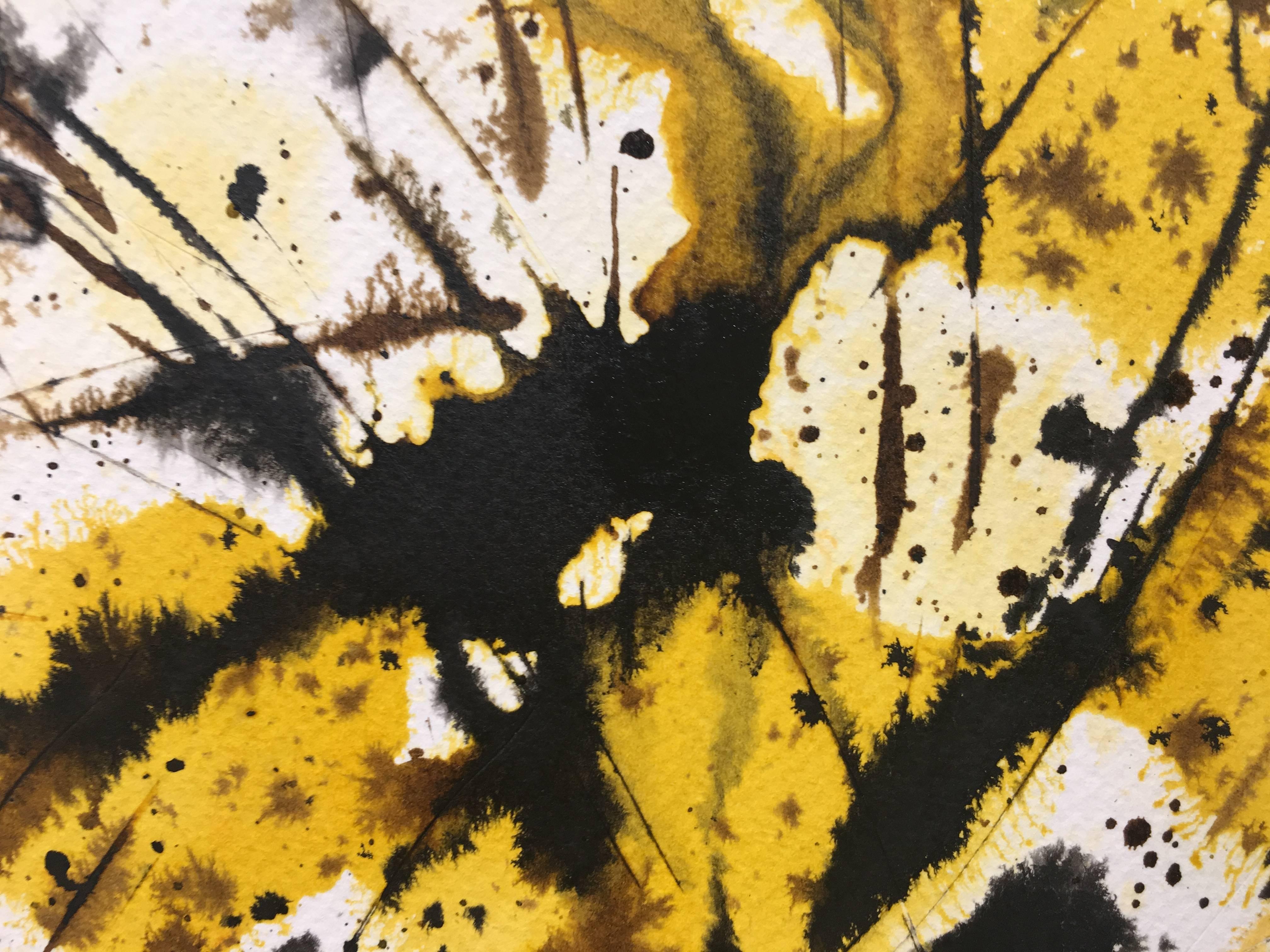 Tharrats Black  Giallo  Oro  Originale acrilico astratto su carta - Painting Astratto di Josep THARRATS