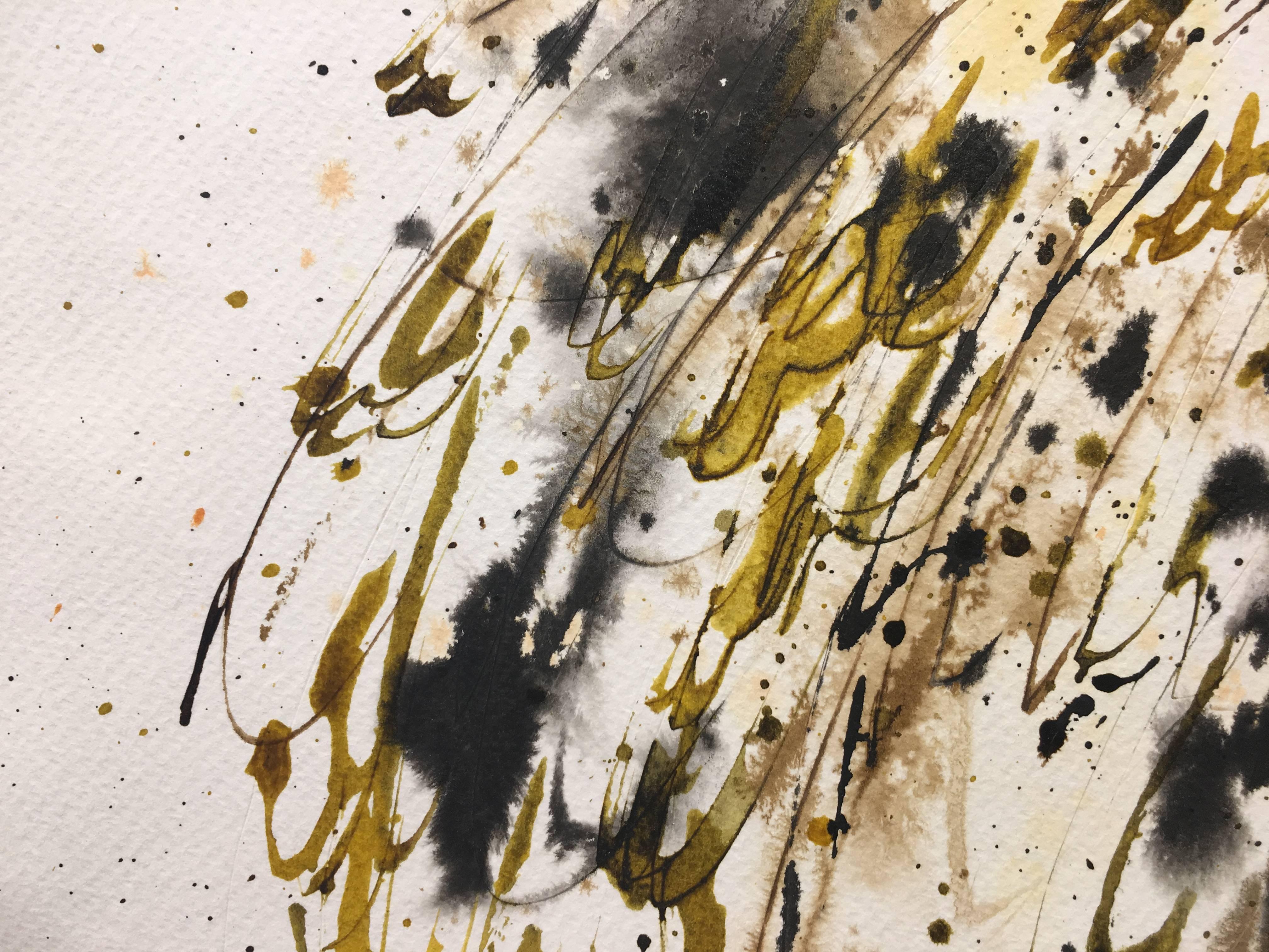 Tharrats Schwarz  Gelb  Goldene  Abstraktes abstraktes Acryl auf Papier im Angebot 1