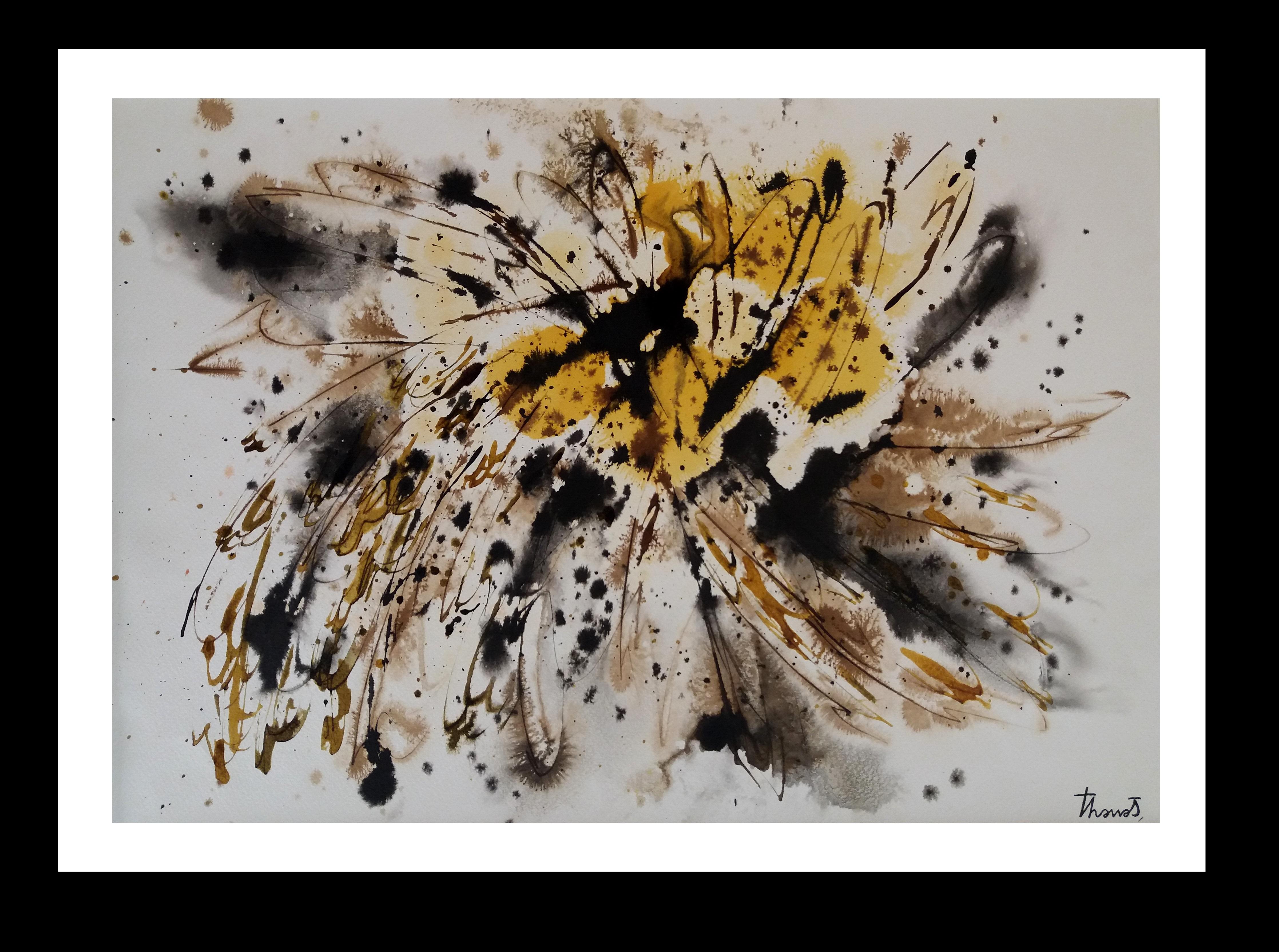 Josep THARRATS Abstract Painting - Tharrats Black  Yellow  Golden  Original abstract acrylic on paper