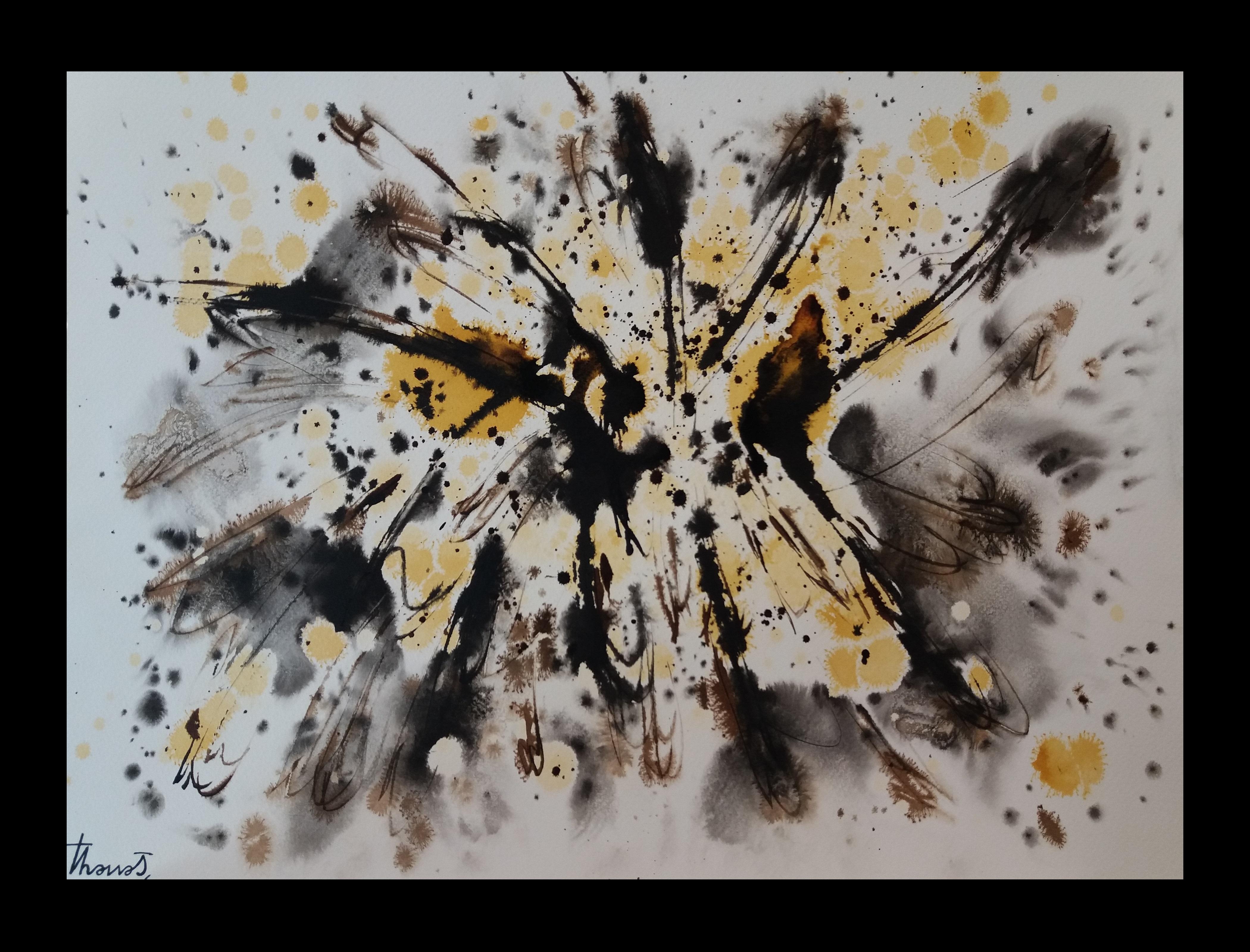 Tharrats  Negro  Resumen original amarillo  pintura sobre papel acrílico - Painting de Josep THARRATS