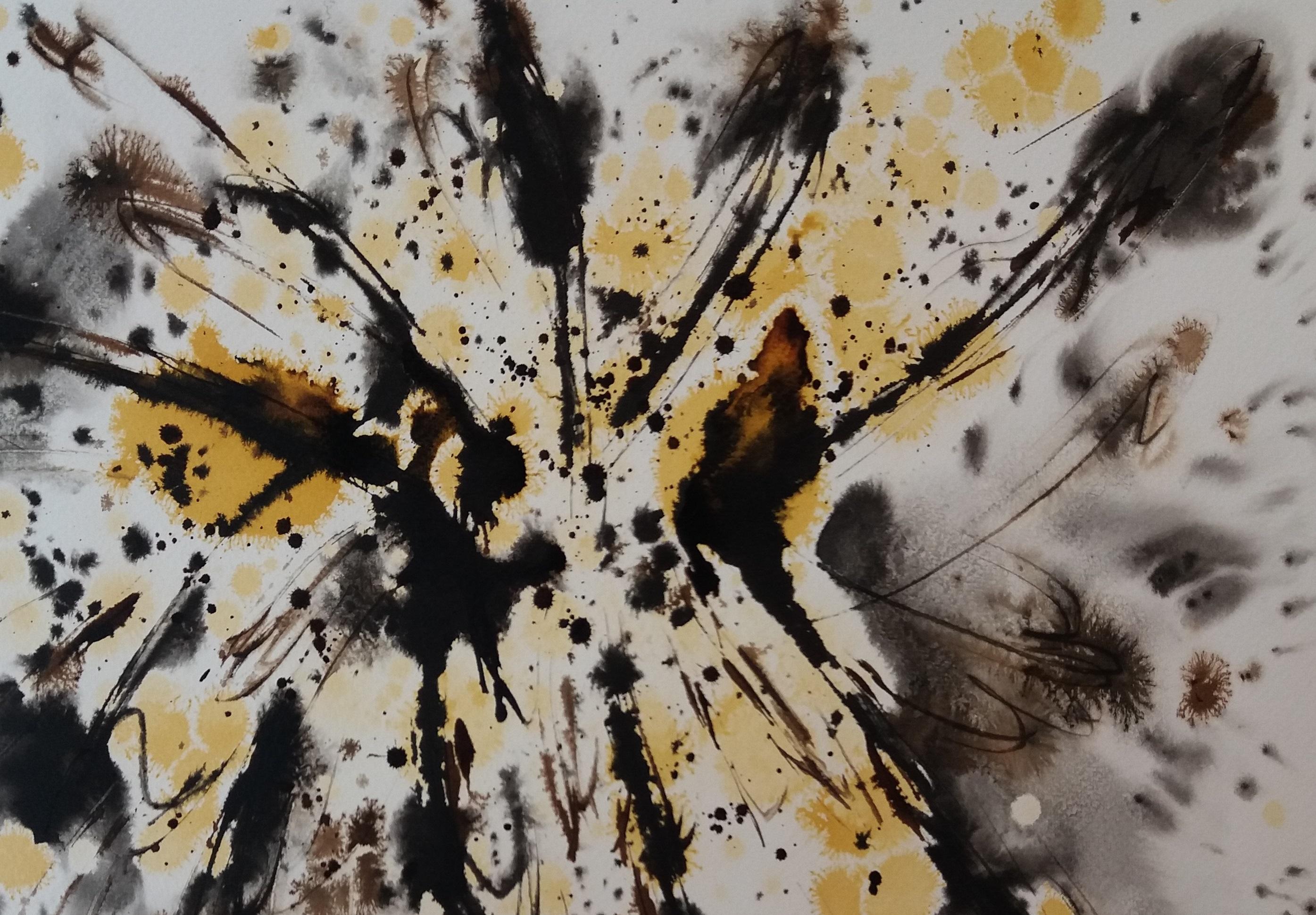 Tharrats  Negro  Resumen original amarillo  pintura sobre papel acrílico - Painting Abstracto de Josep THARRATS