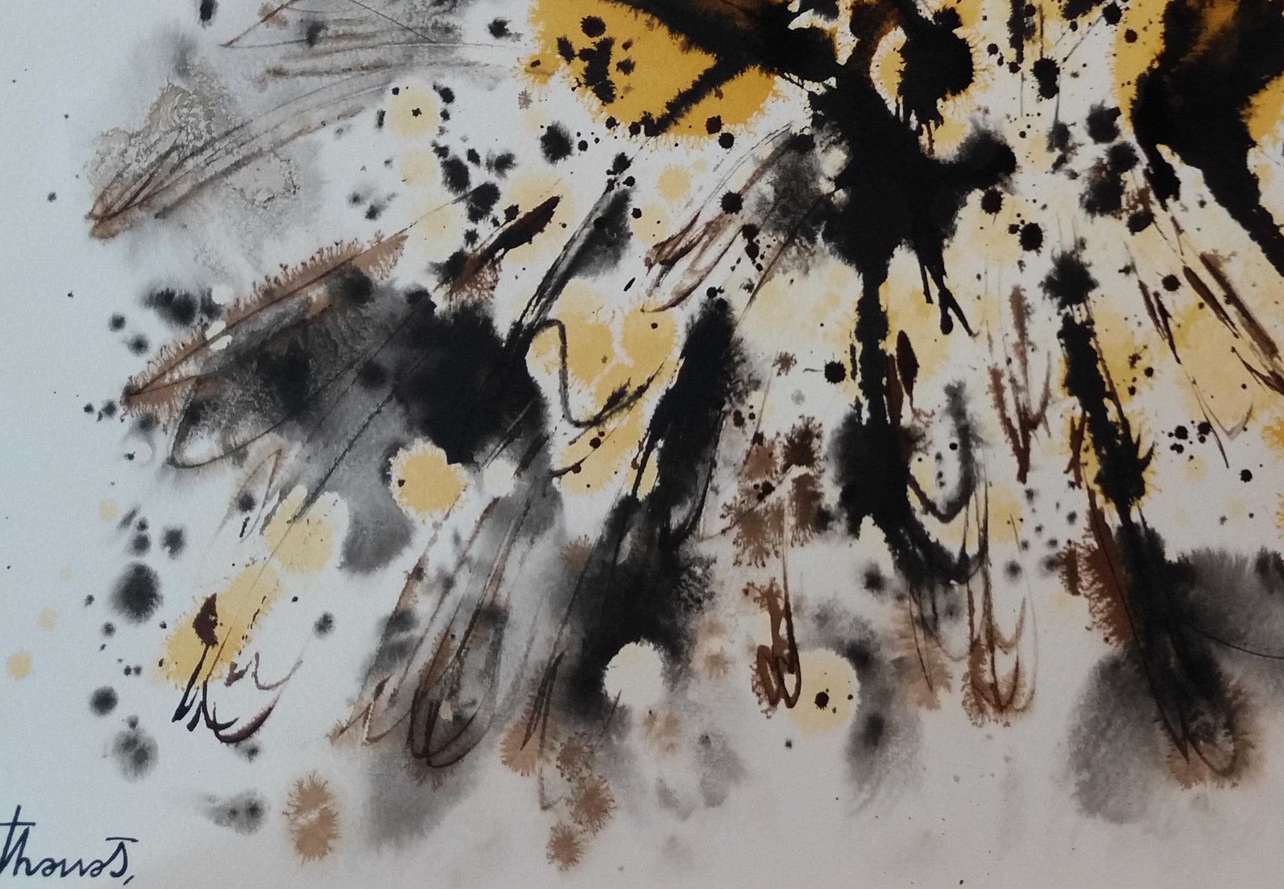Tharrats  Negro  Resumen original amarillo  pintura sobre papel acrílico - Abstract Painting Gris de Josep THARRATS