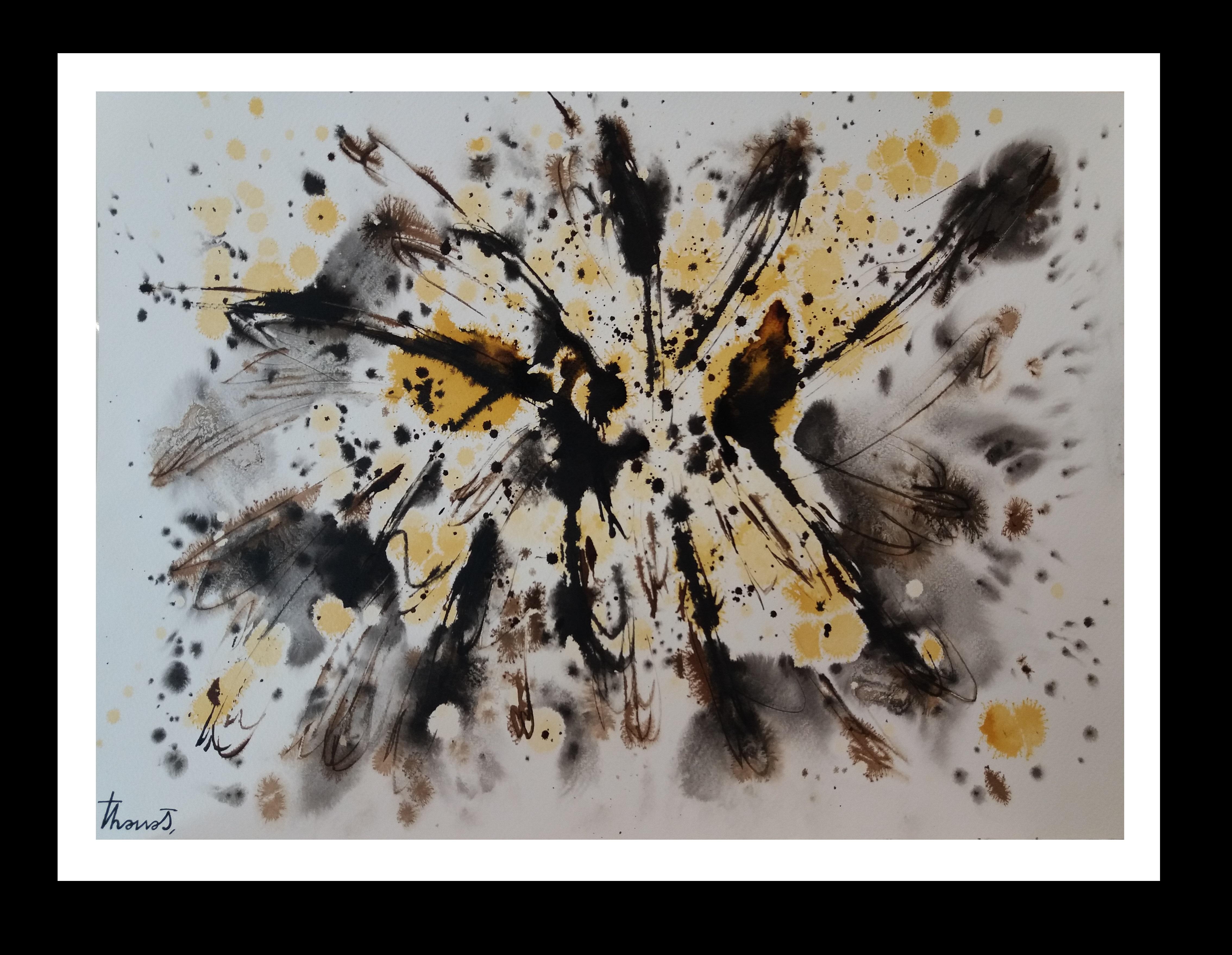 Abstract Painting Josep THARRATS - Tharrats  Noir  abstraite jaune d'origine  Peinture sur papier acrylique