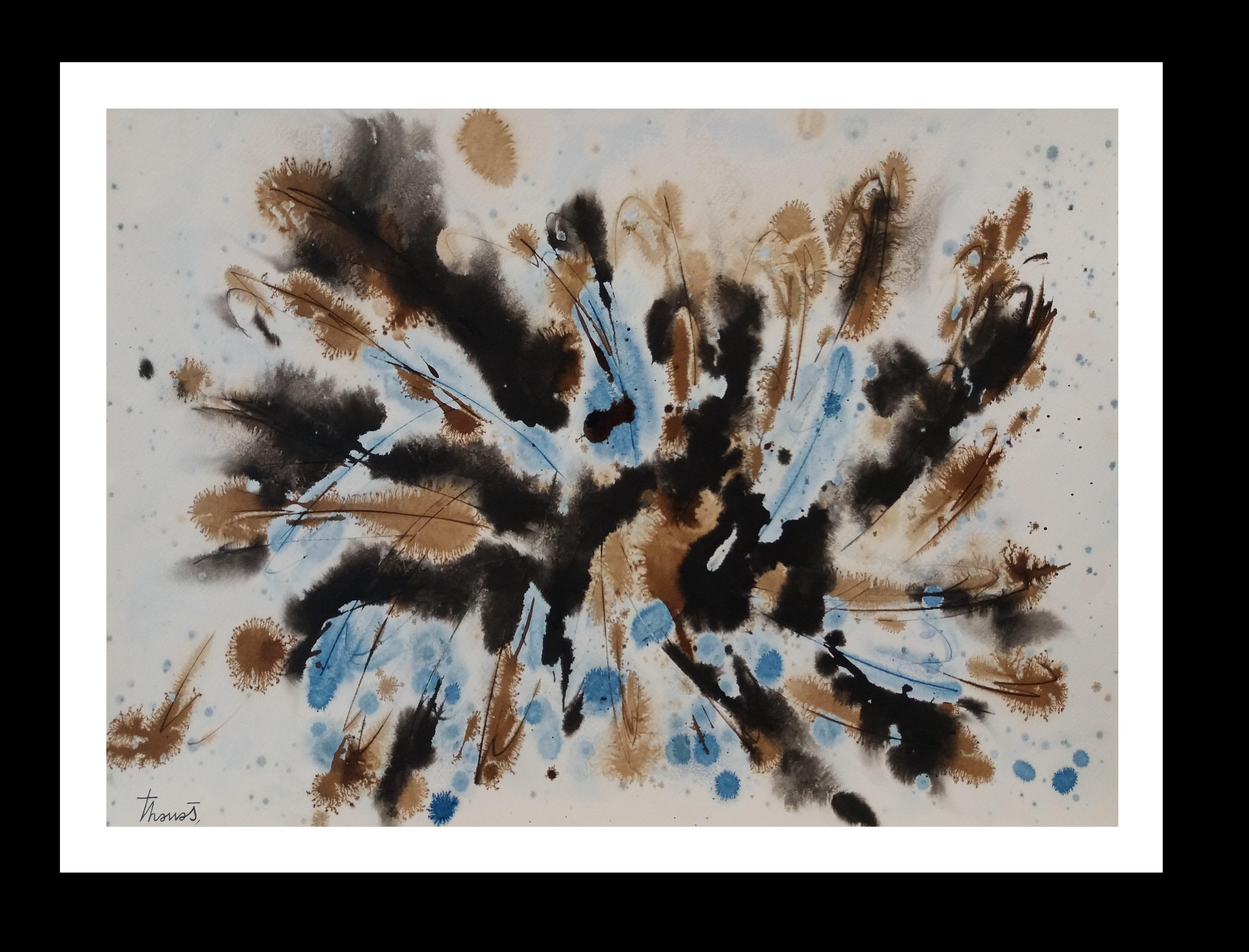 Josep THARRATS Abstract Painting - Tharrats  Blue  Black  original abstract acrylic paper painting
