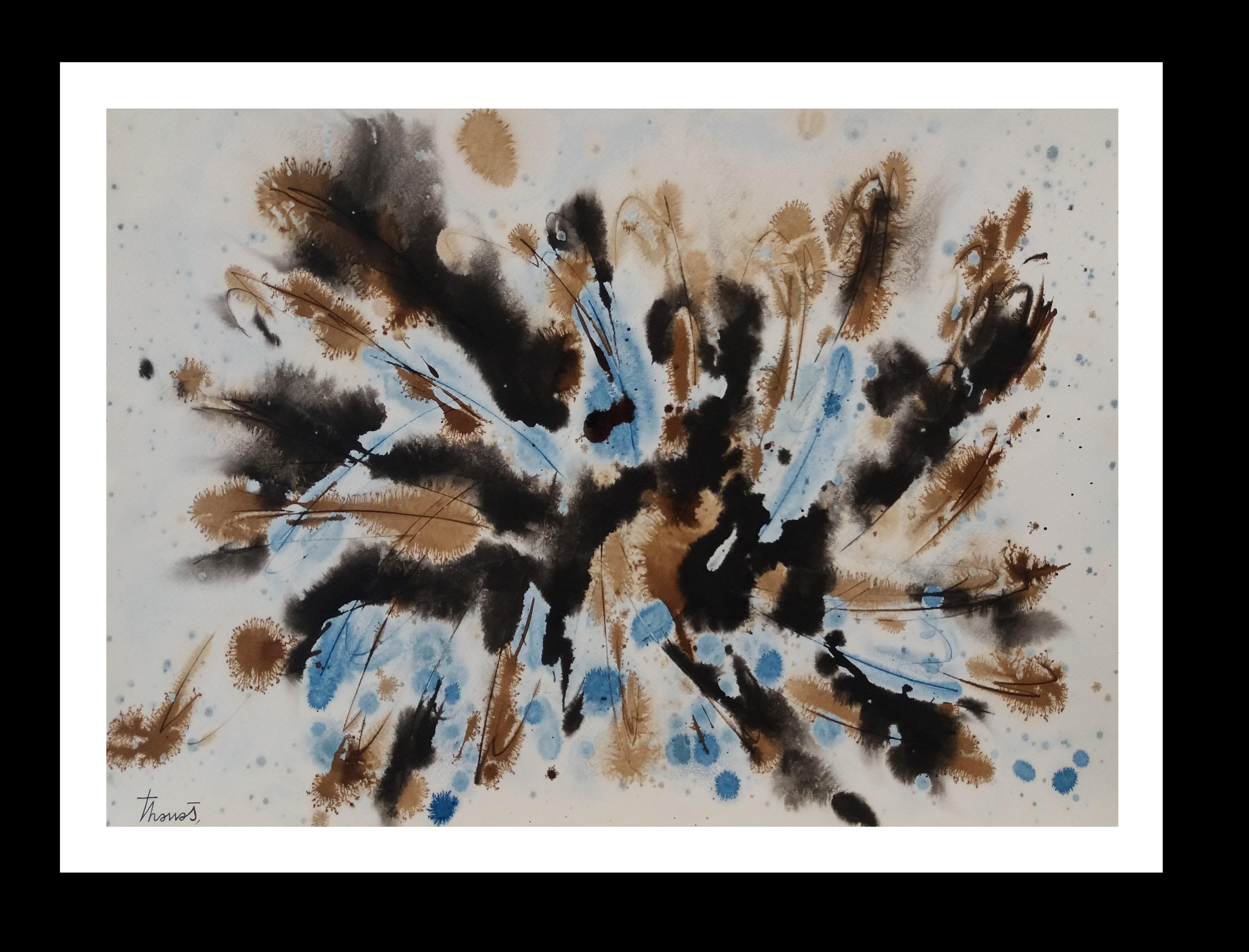 Abstract Painting di Josep THARRATS - Tharrats  Blu  Nero  pittura originale astratta su carta acrilica