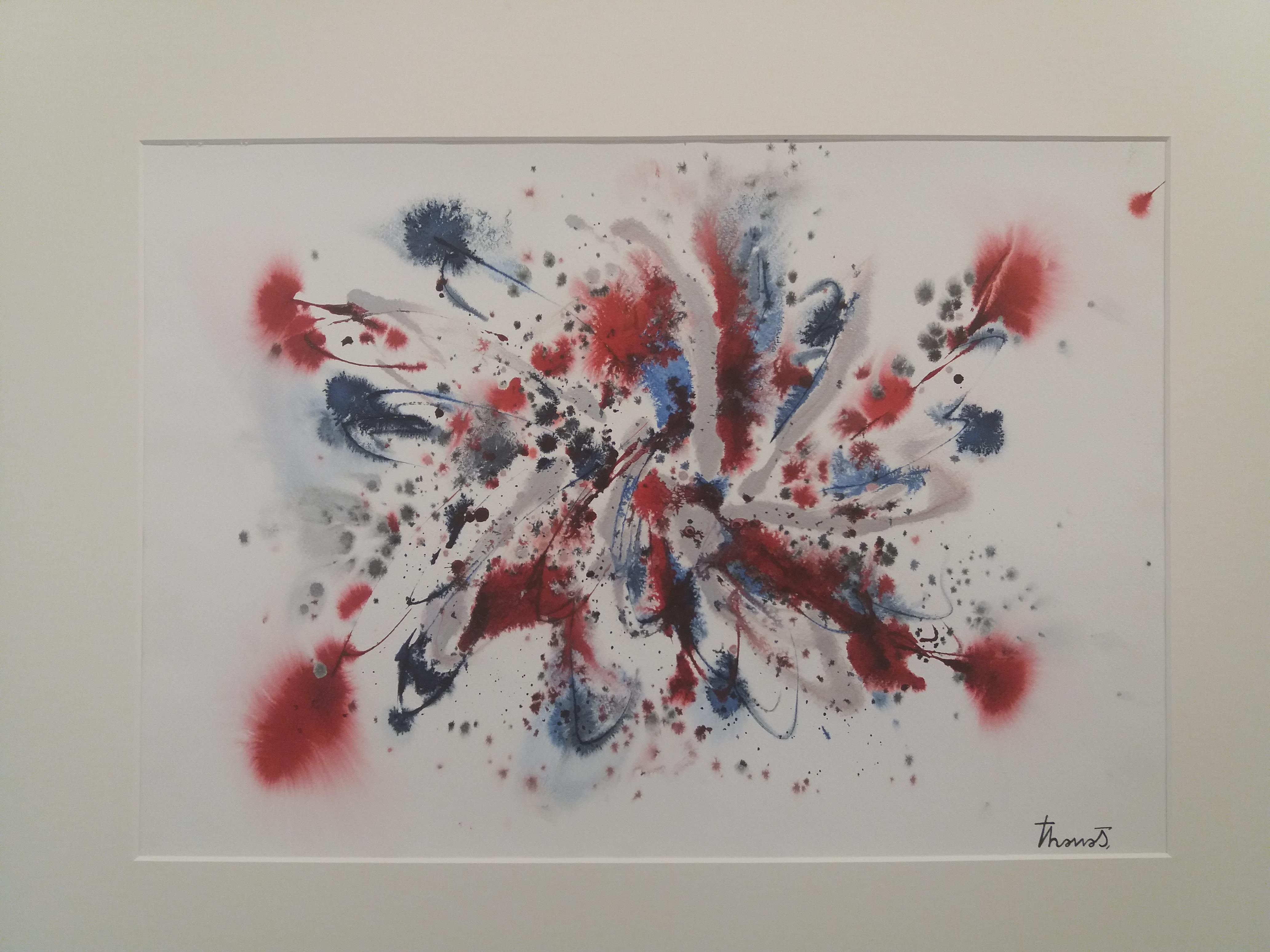 Tharrats  Rosso   Nero Blu  Originale acrilico astratto su carta - Painting di Josep THARRATS