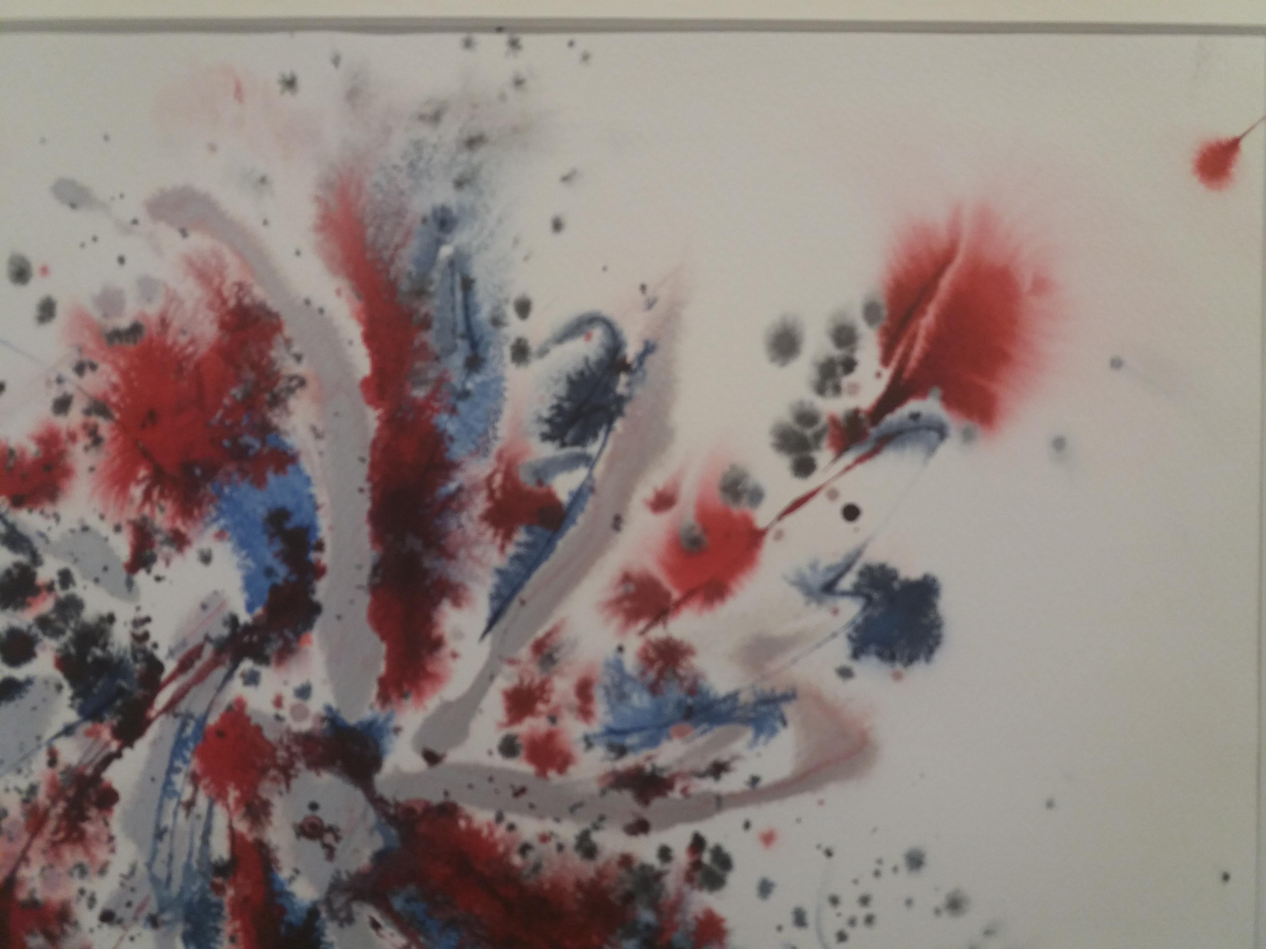 Tharrats  Rot   Schwarz Blau  Abstraktes abstraktes Acryl auf Papier (Grau), Abstract Painting, von Josep THARRATS