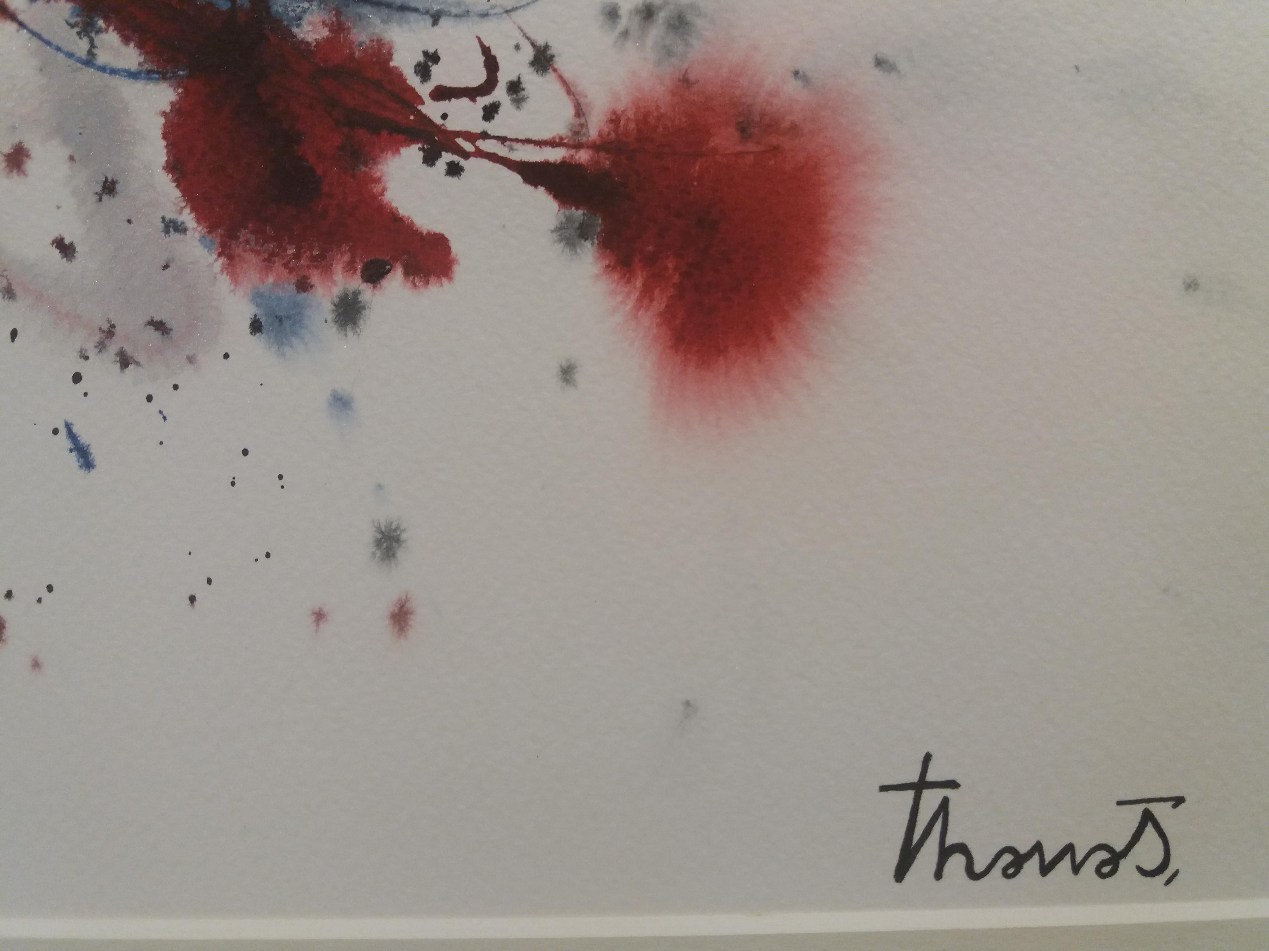 Tharrats  Rosso   Nero Blu  Originale acrilico astratto su carta - Abstract Painting Grigio di Josep THARRATS