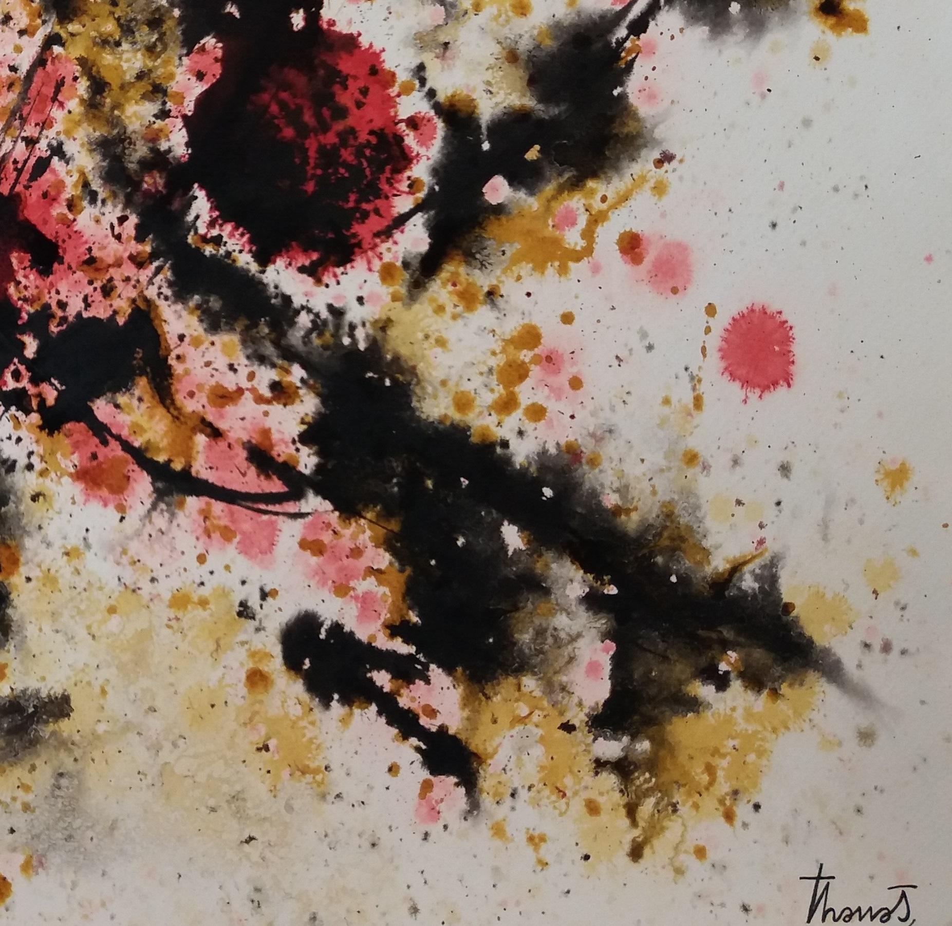 Tharrats   Rosso  Nero  Costellazione 7 dipinto originale su carta acrilica - Painting Astratto di Josep THARRATS