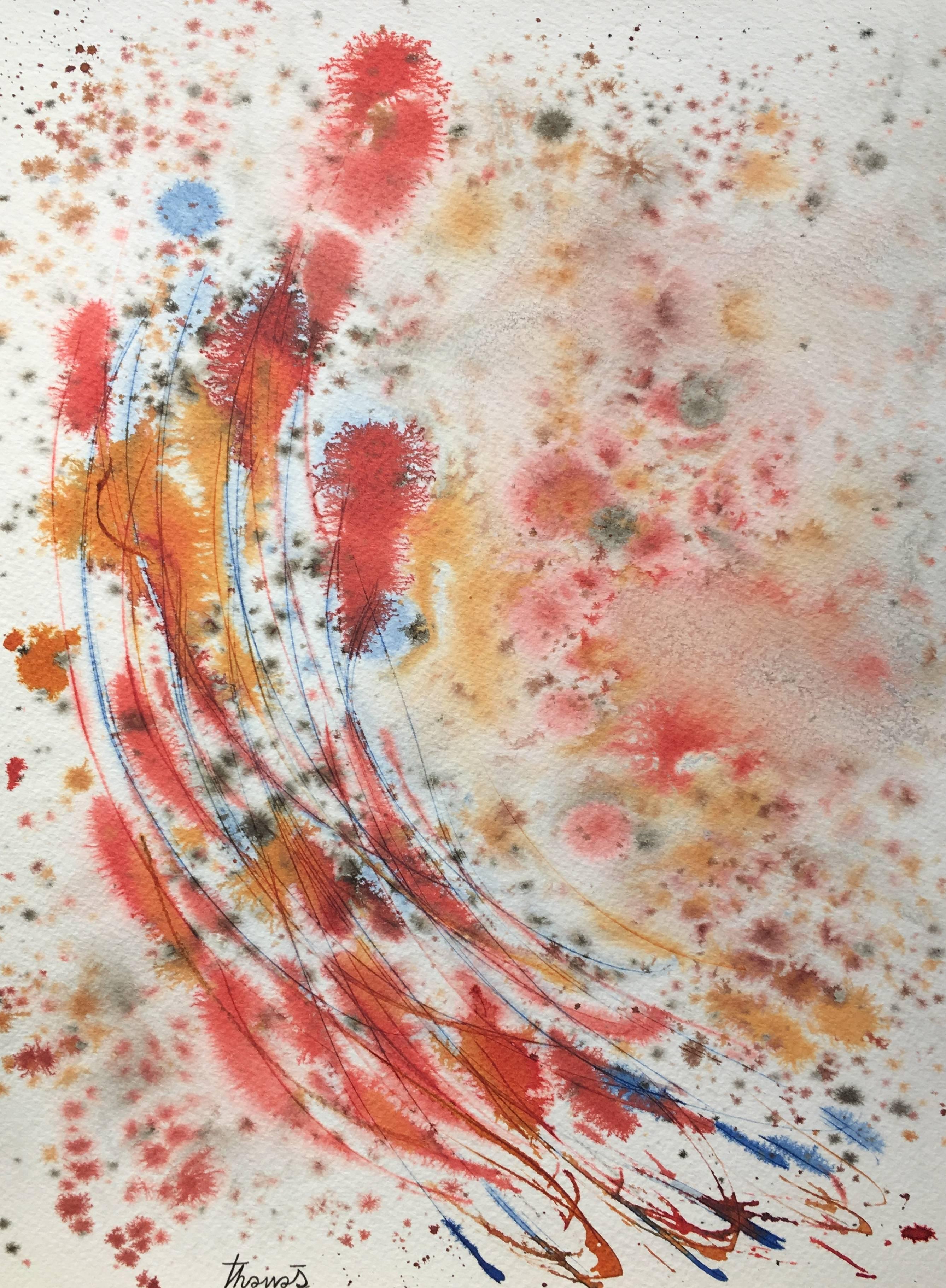 Tharrats Red  Blue  Gold colors  original abstract acrylic painting - Painting by Josep THARRATS