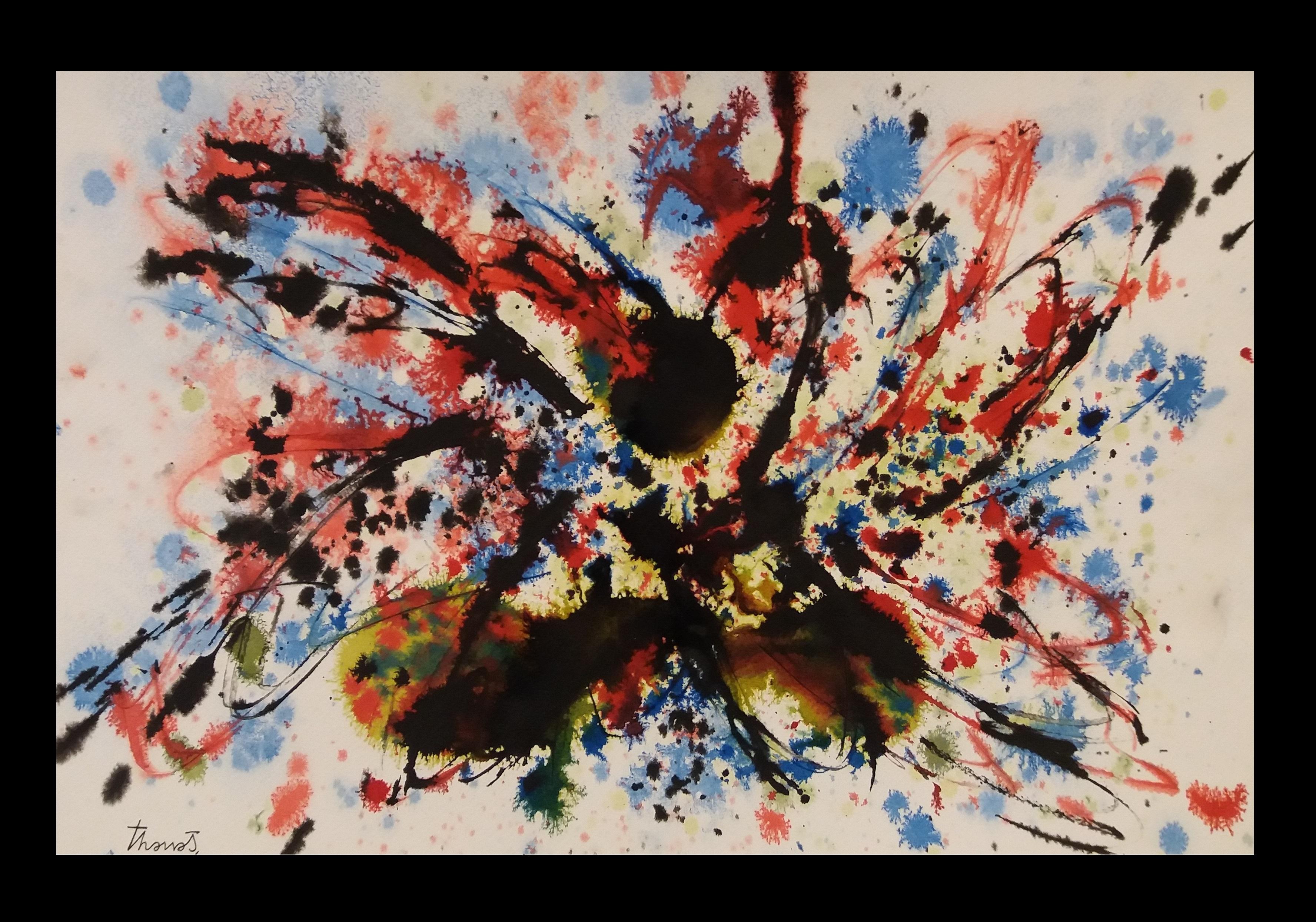Tharrats  Rossi  Neri  Pittura acrilica astratta originale blu su carta - Painting di Josep THARRATS