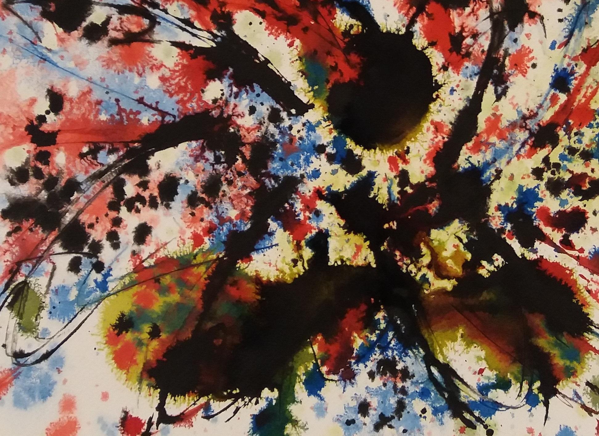 Tharrats  Rossi  Neri  Pittura acrilica astratta originale blu su carta - Painting Astratto di Josep THARRATS