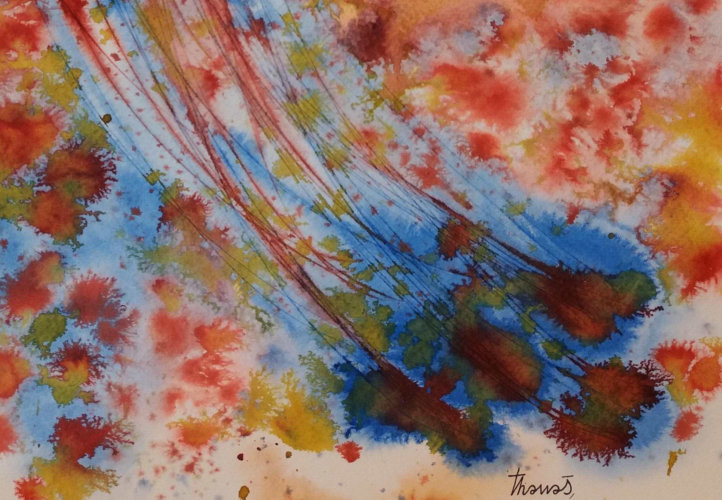 Tharrats   Bleu vertical  Rouge  Jaune  Papier acrylique d'origine - Painting de Josep THARRATS