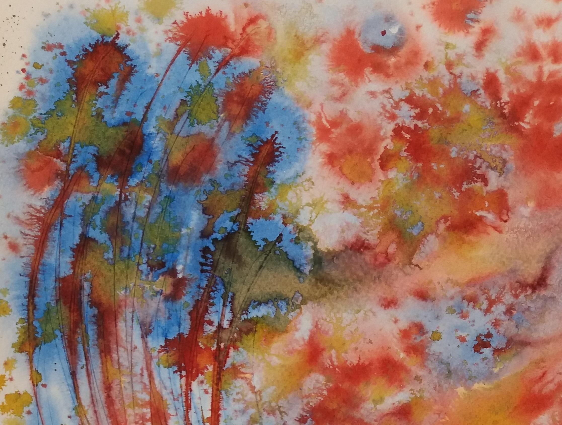 Tharrats   Vertical Blue  Red  Yellow  original acrylic paper - Abstract Painting by Josep THARRATS