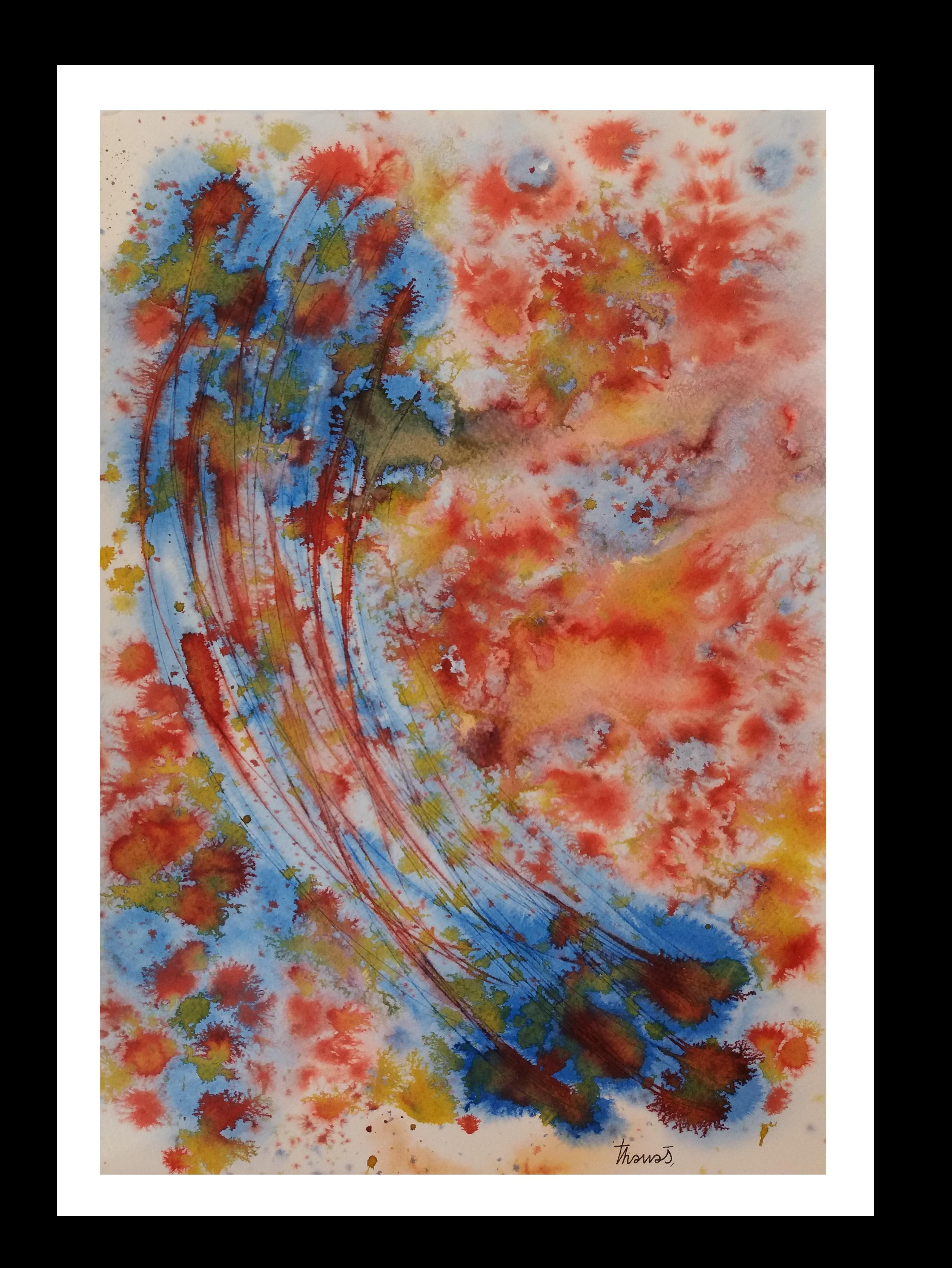 Abstract Painting Josep THARRATS - Tharrats   Bleu vertical  Rouge  Jaune  Papier acrylique d'origine