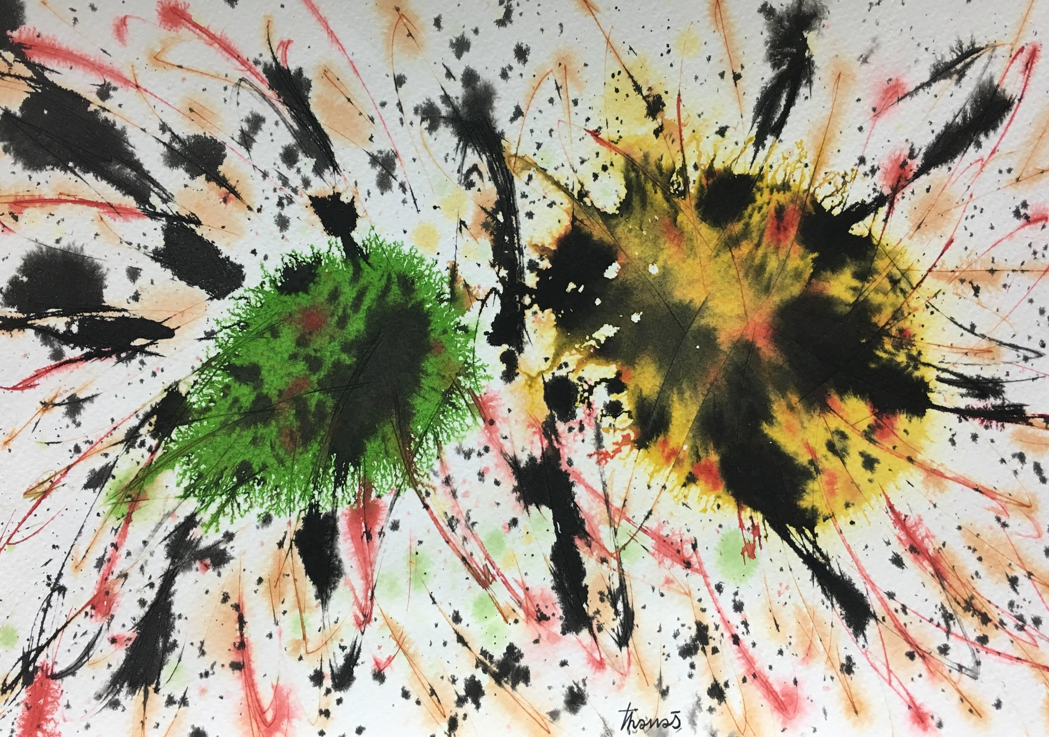 Tharrats. yellow. green.  colors- original abstract acrylic painting - Painting by Josep THARRATS