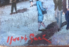 Barcelona urbanscape Rambla de les Flors oil on burlap painting