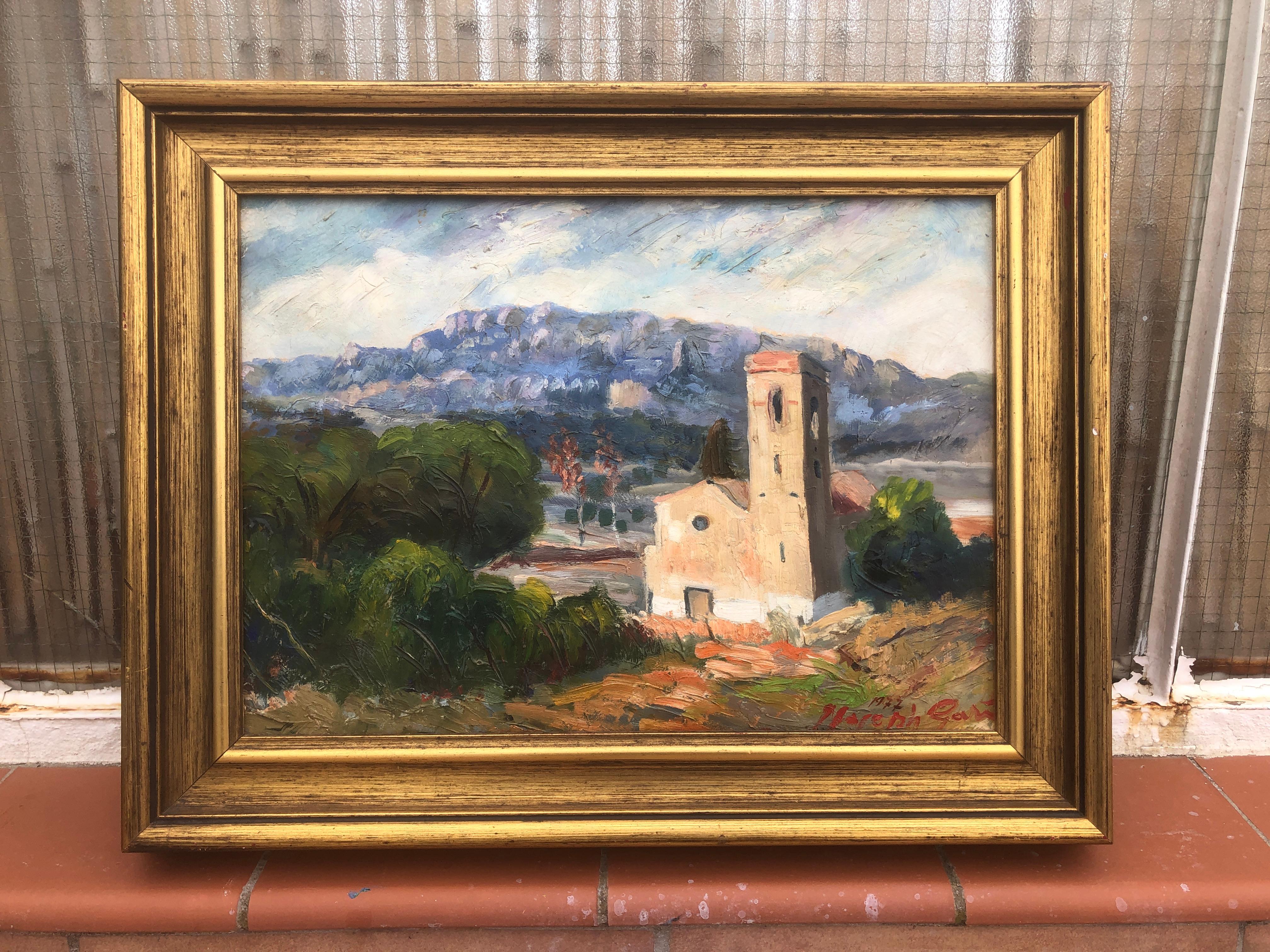 Paysage avec tour de cloche, huile sur carton, peinture à l'eau-forte - Painting de Joan Joseph Gari