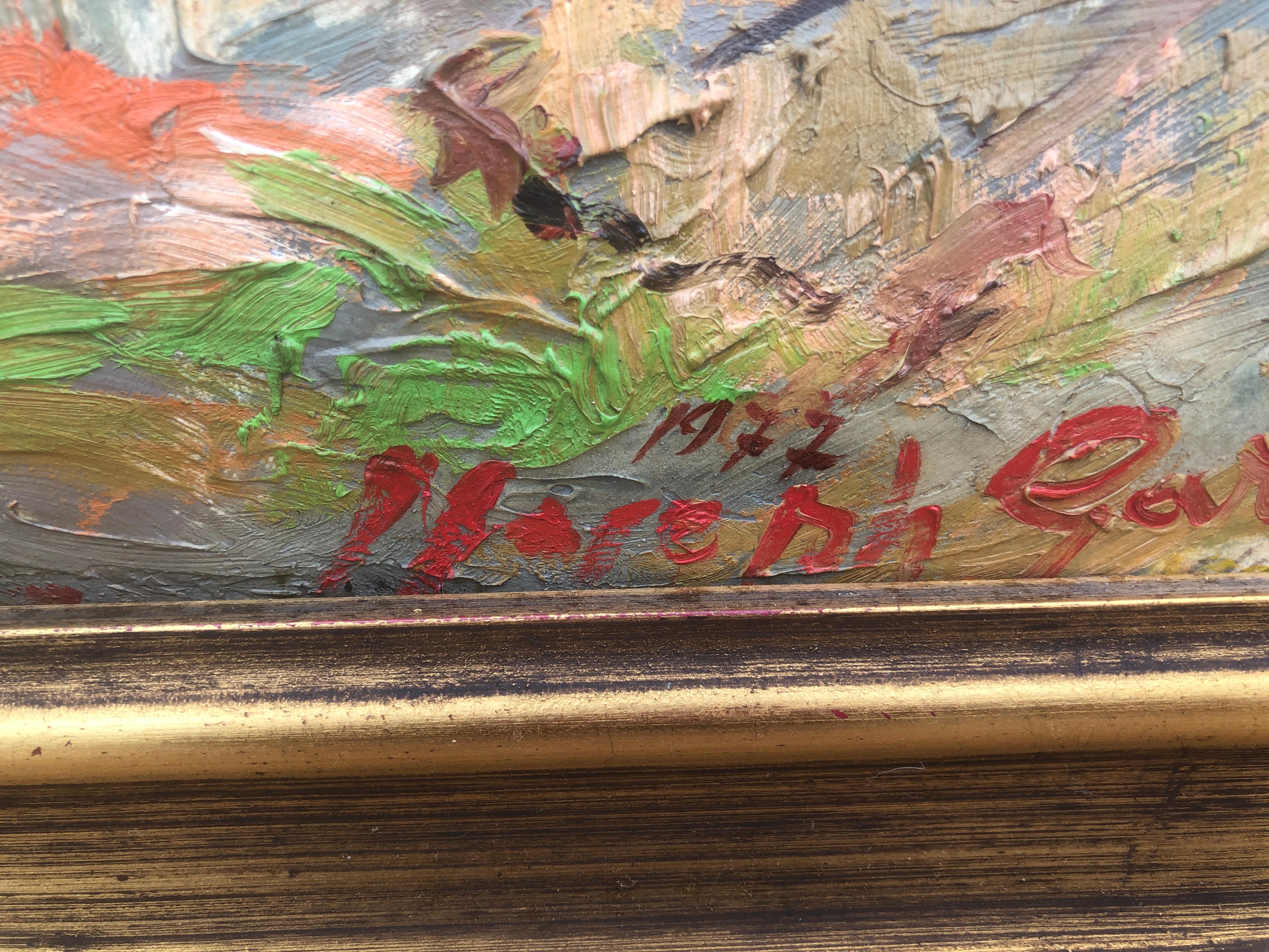 Paysage avec tour de cloche, huile sur carton, peinture à l'eau-forte - Post-impressionnisme Painting par Joan Joseph Gari