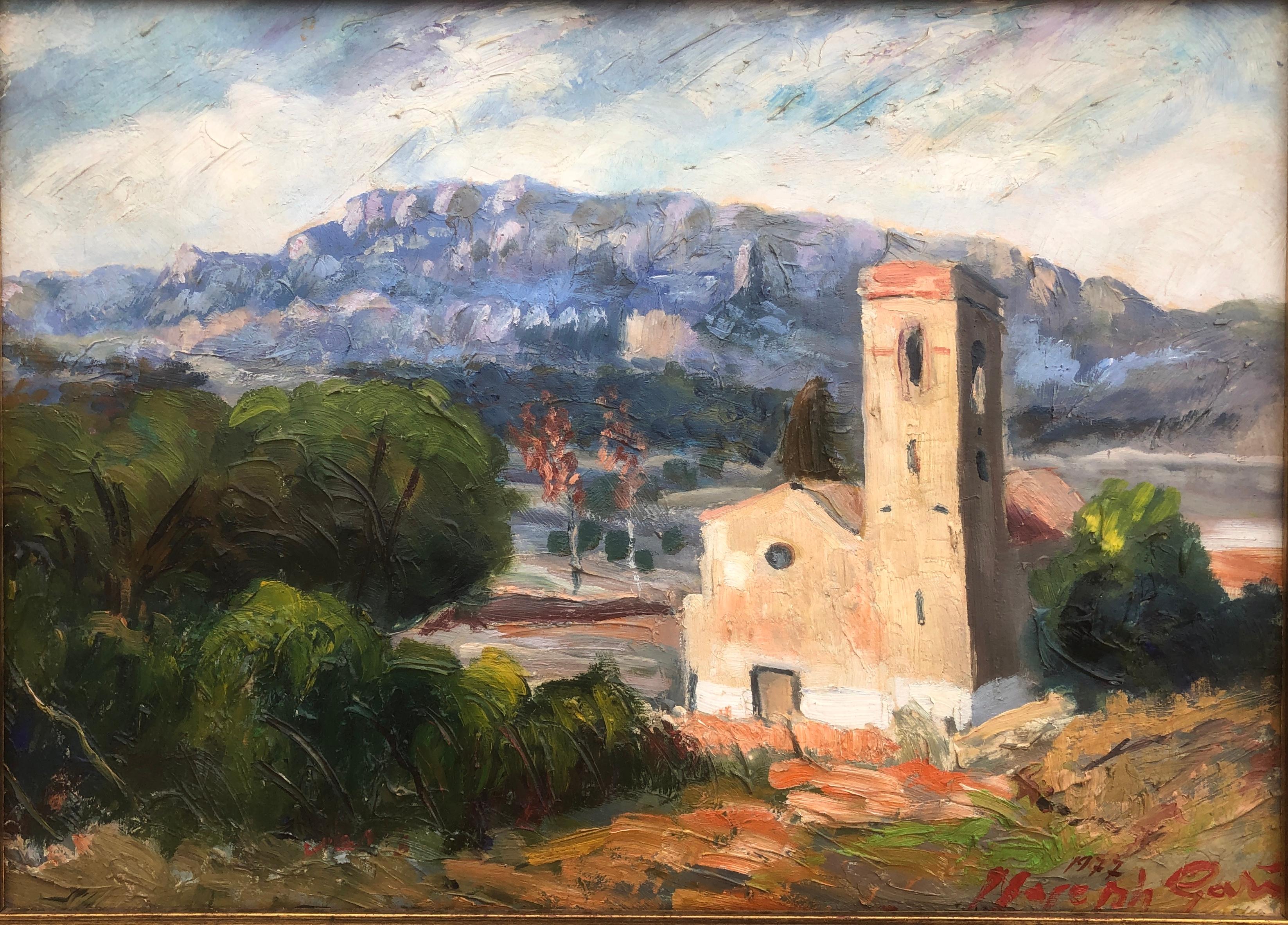 landscape with bell tower oil on cardboard painting spain