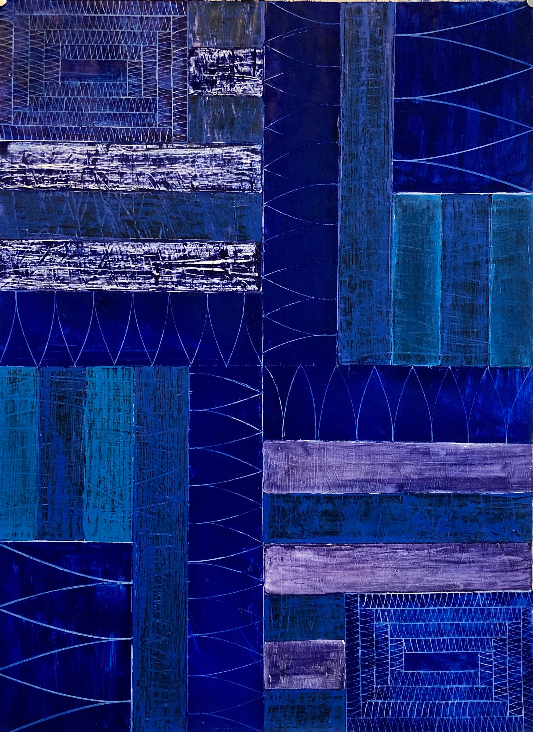 Joan Kahn Colore blu indaco denim Pittura ad olio astratta espressionista modernista in vendita 10
