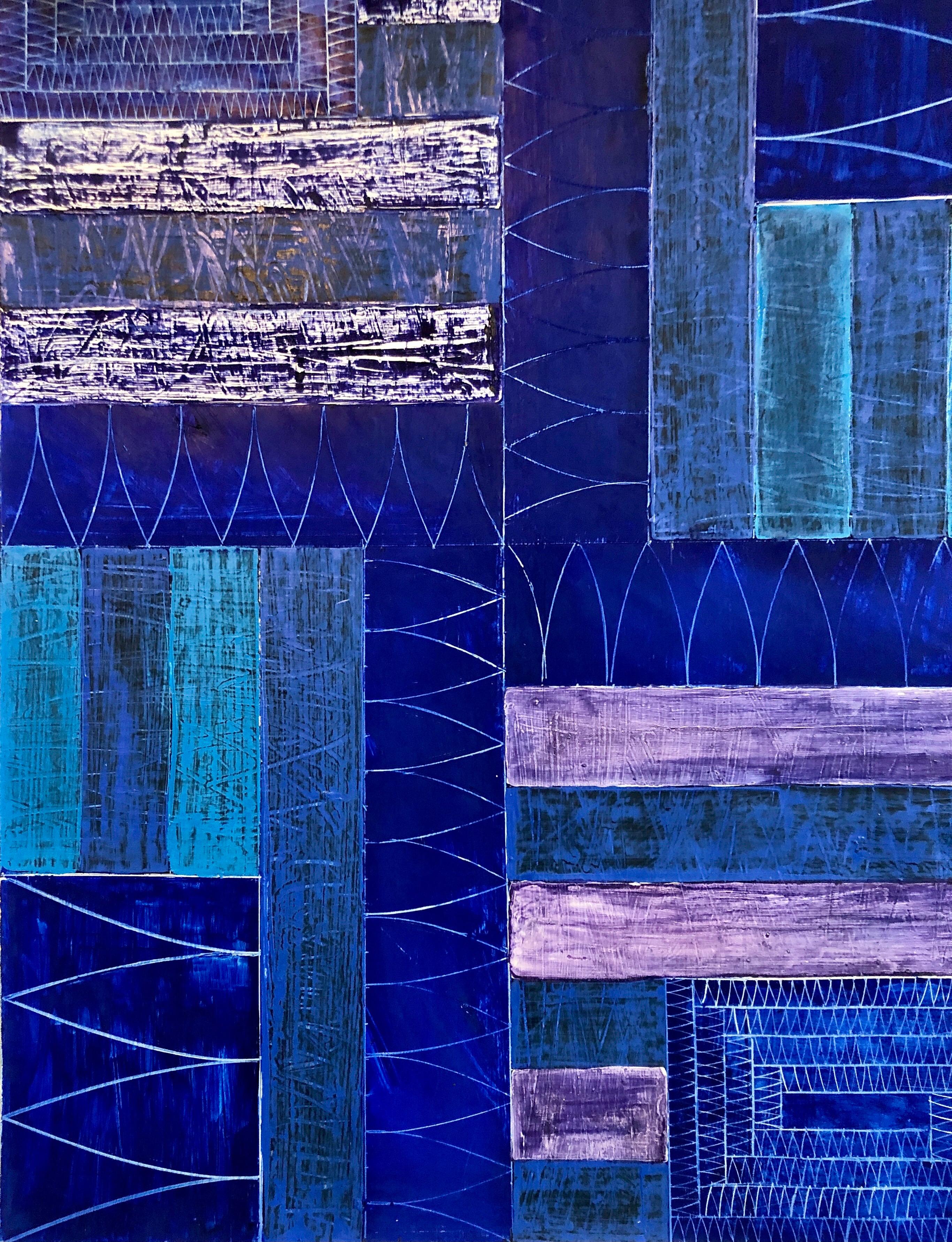 Joan Kahn Colore blu indaco denim Pittura ad olio astratta espressionista modernista in vendita 11