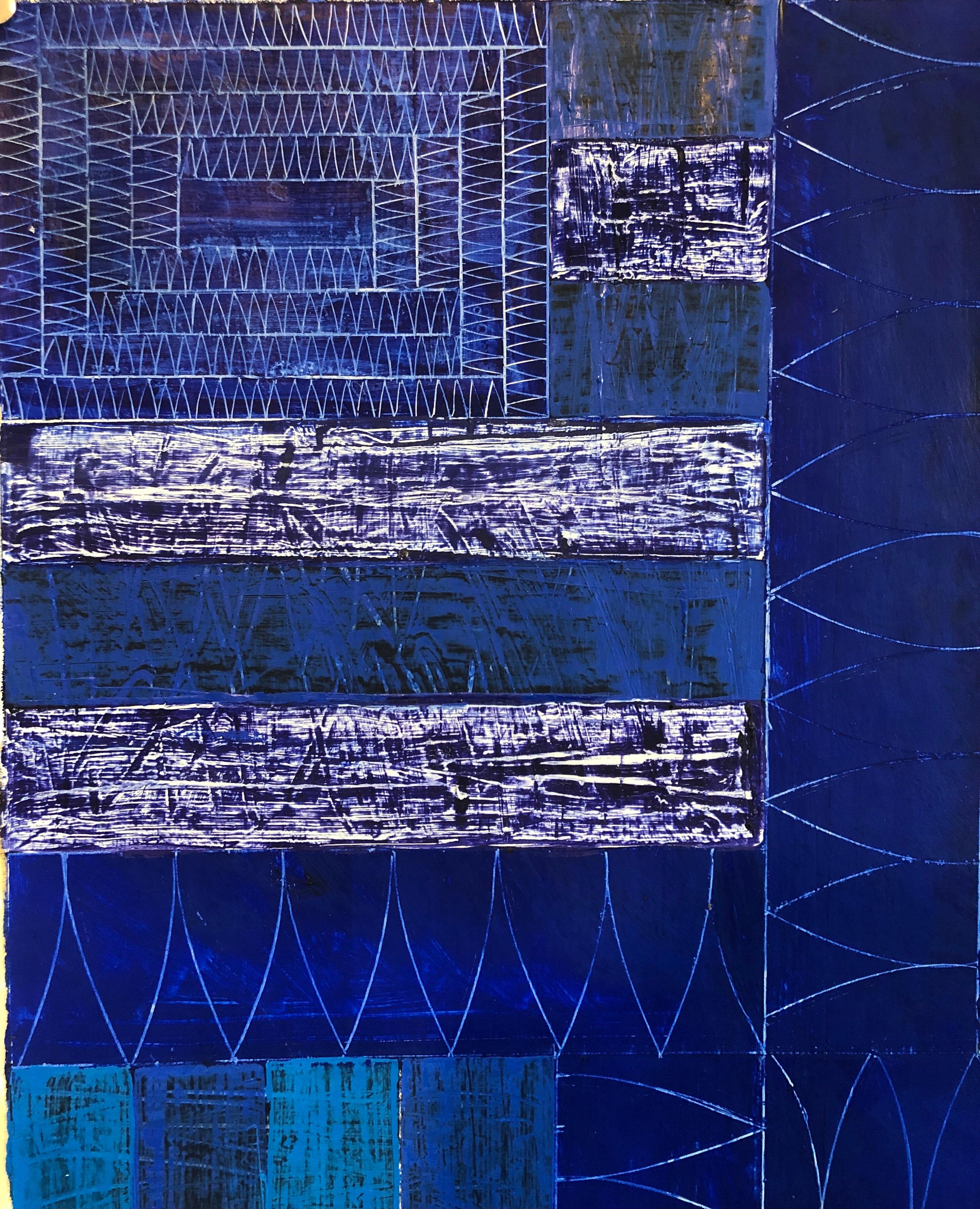 Joan Kahn Colore blu indaco denim Pittura ad olio astratta espressionista modernista in vendita 12