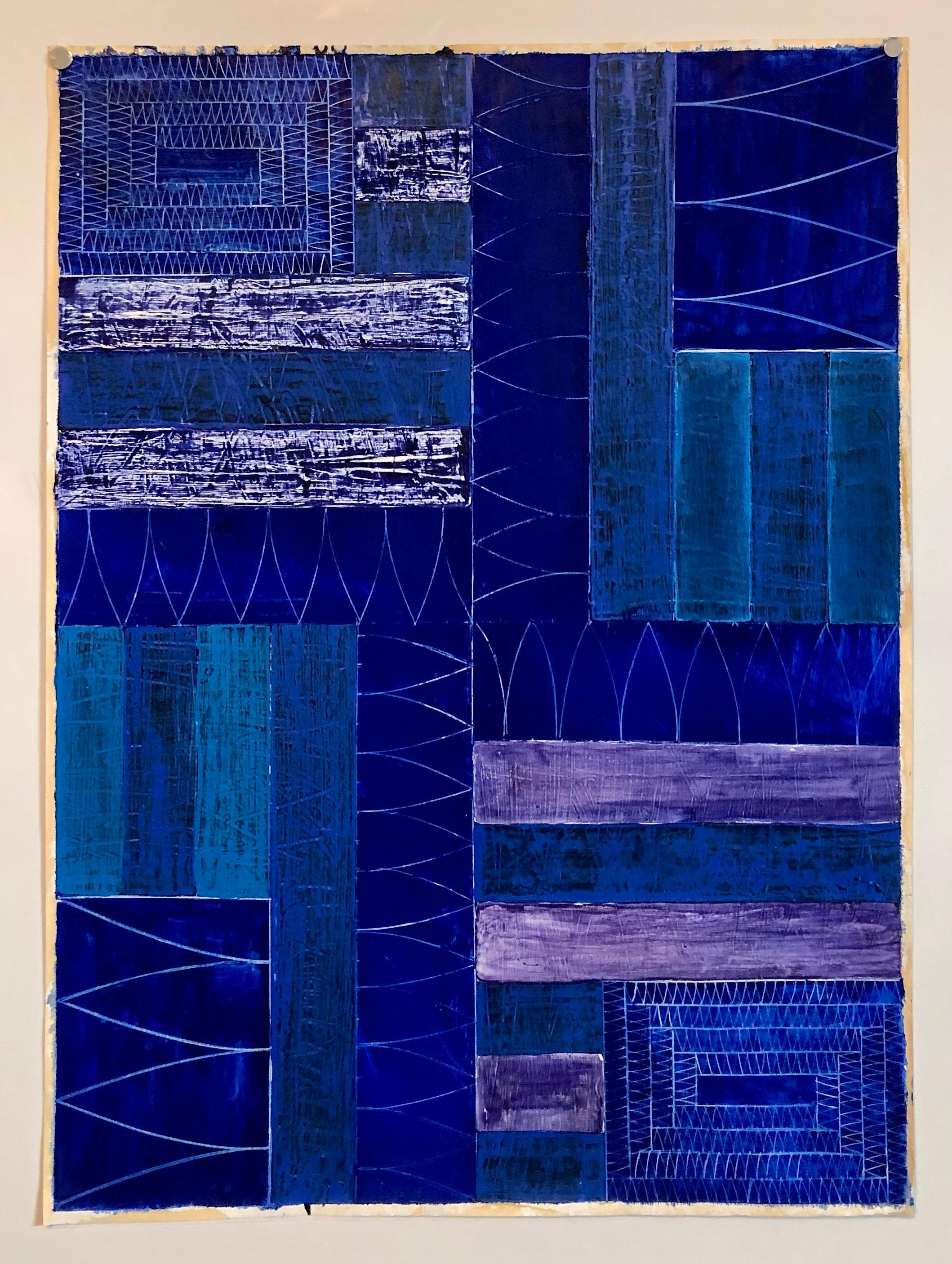 Joan Kahn Colore blu indaco denim Pittura ad olio astratta espressionista modernista in vendita 13